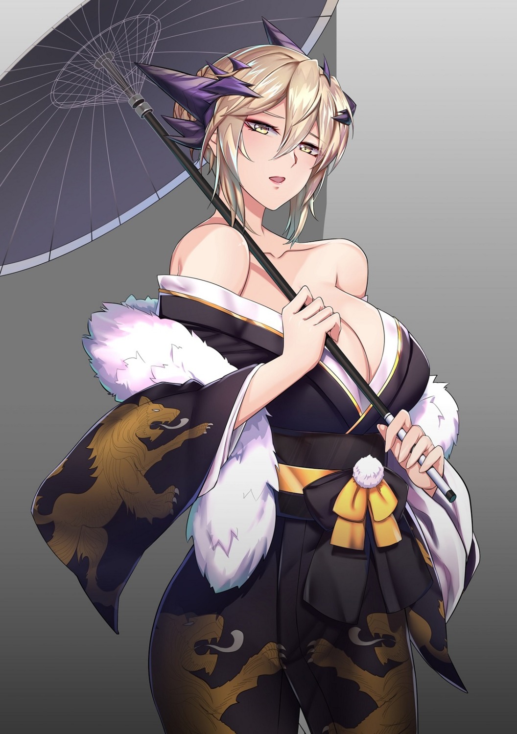 artoria_pendragon_alter_(fate/grand_order) cleavage fate/grand_order horns kaiend kimono no_bra open_shirt umbrella