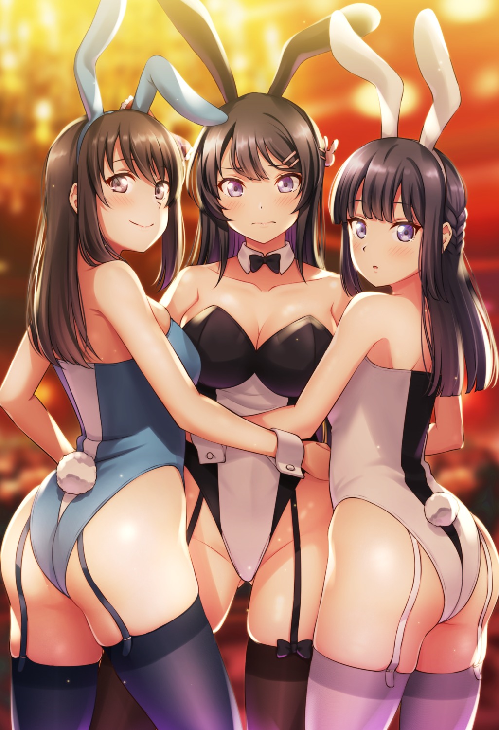 animal_ears ass bunny_ears bunny_girl hirokawa_uzuki makinohara_shouko mibushiro no_bra sakurajima_mai seishun_buta_yarou stockings tail thighhighs