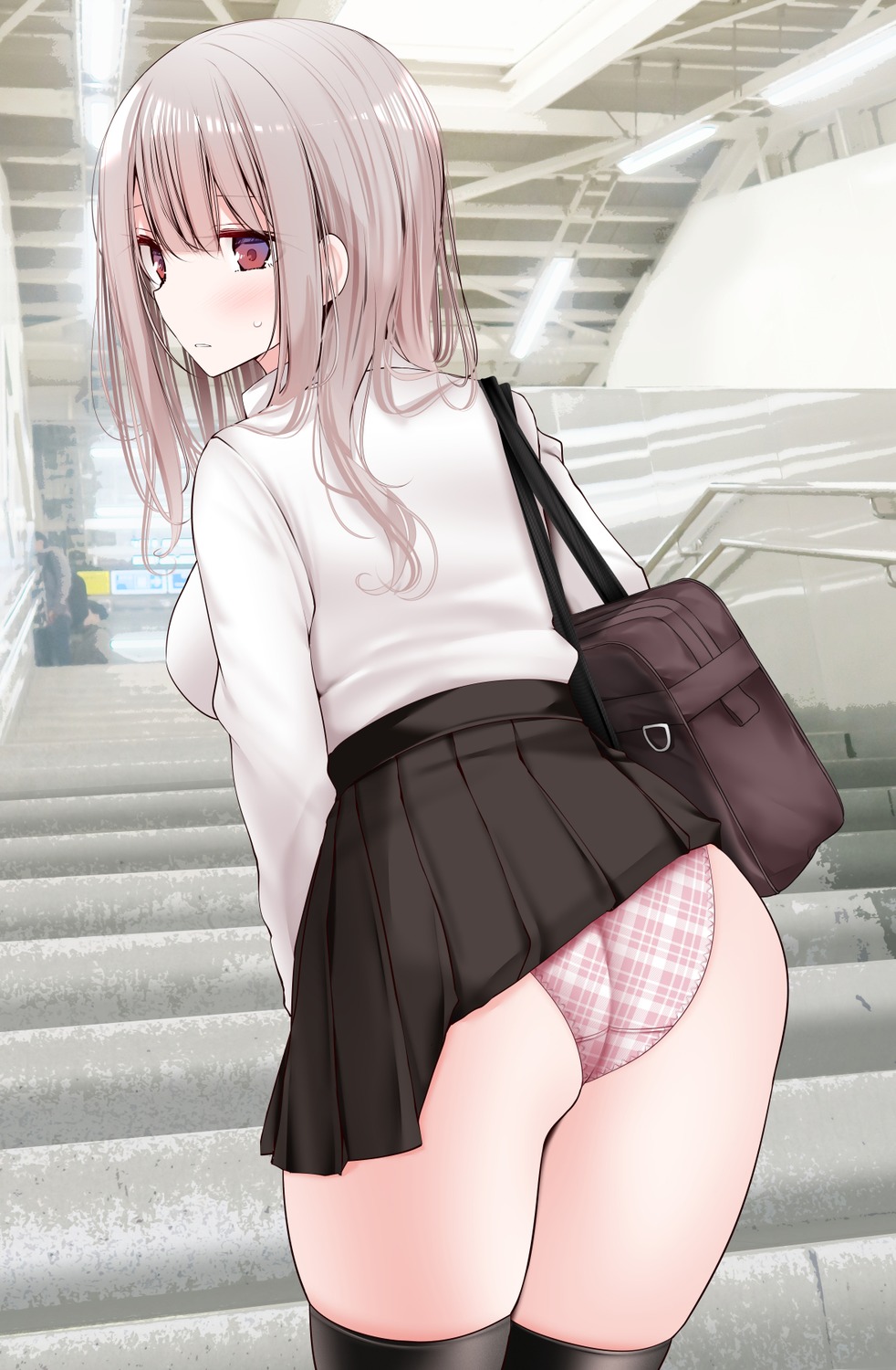 ass oouso pantsu seifuku skirt_lift thighhighs wardrobe_malfunction