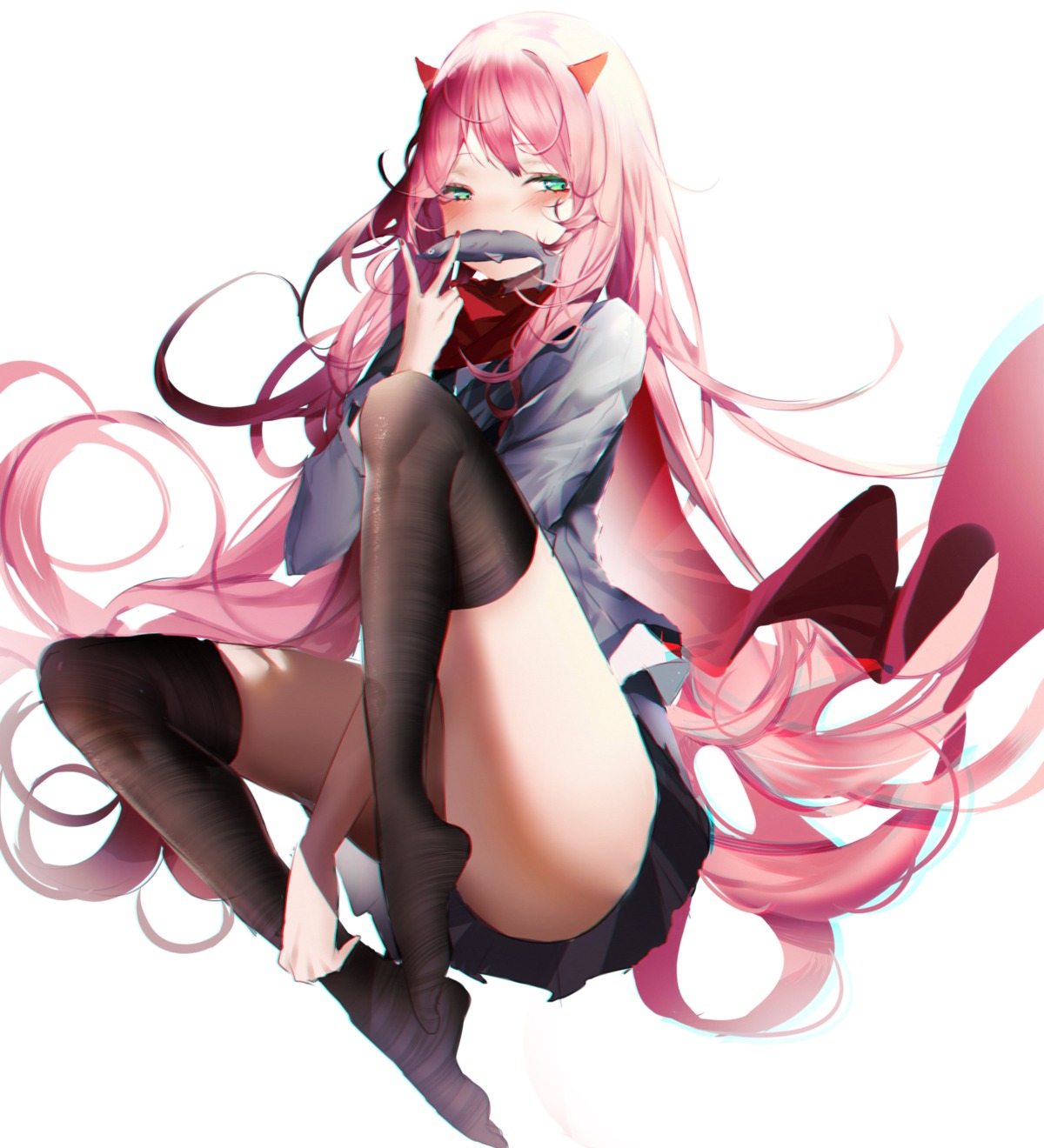 darling_in_the_franxx horns skirt_lift thighhighs xiongshouji zero_two_(darling_in_the_franxx)