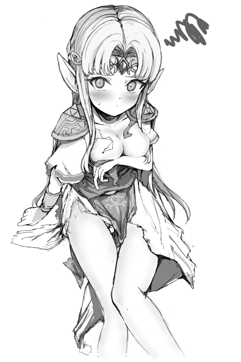 armor breast_hold breasts monochrome nametake_(nekoyasya12172) no_bra pointy_ears princess_zelda the_legend_of_zelda torn_clothes