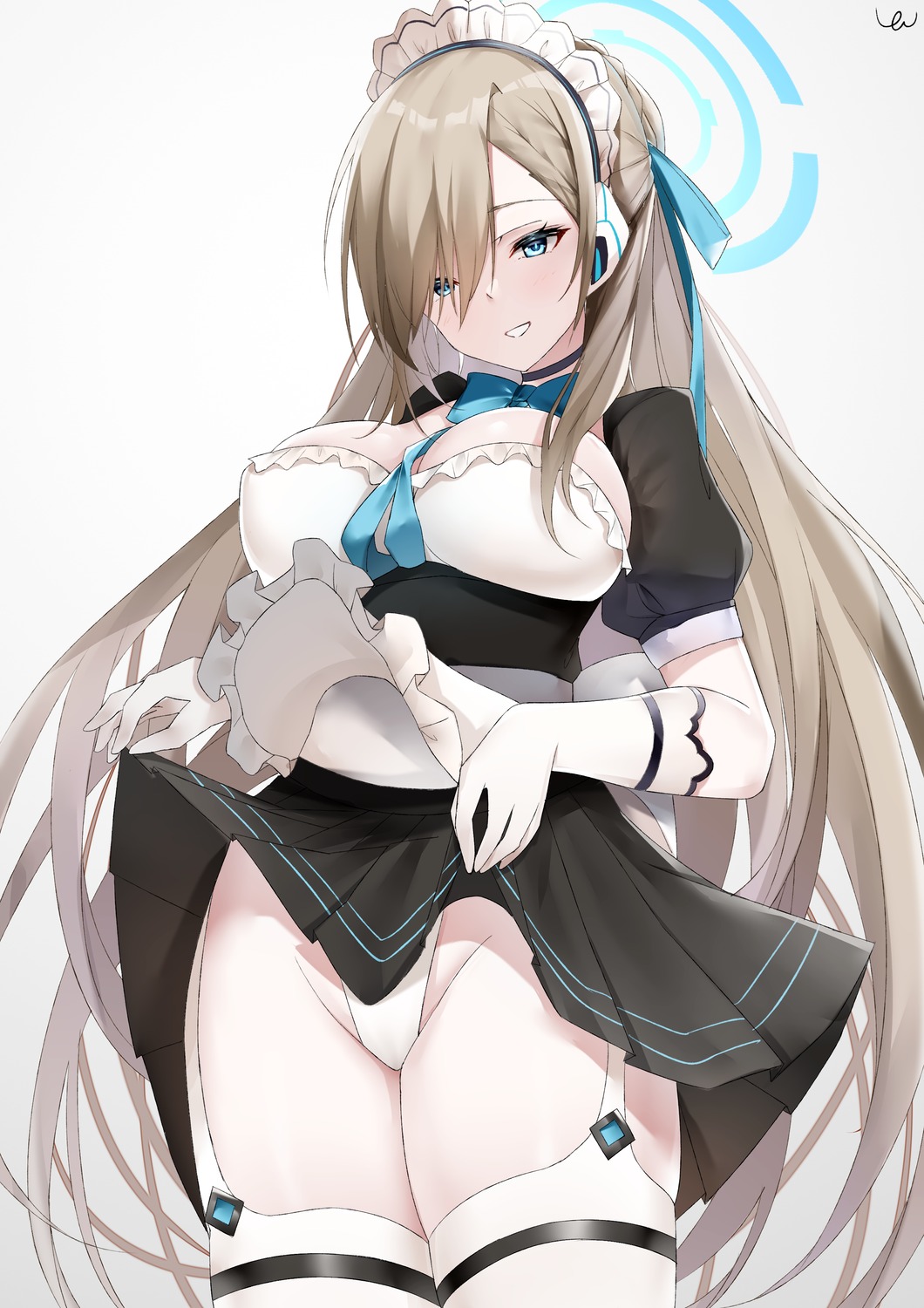 blue_archive halo ichinose_asuna maid skirt_lift stockings thighhighs yanwulazy