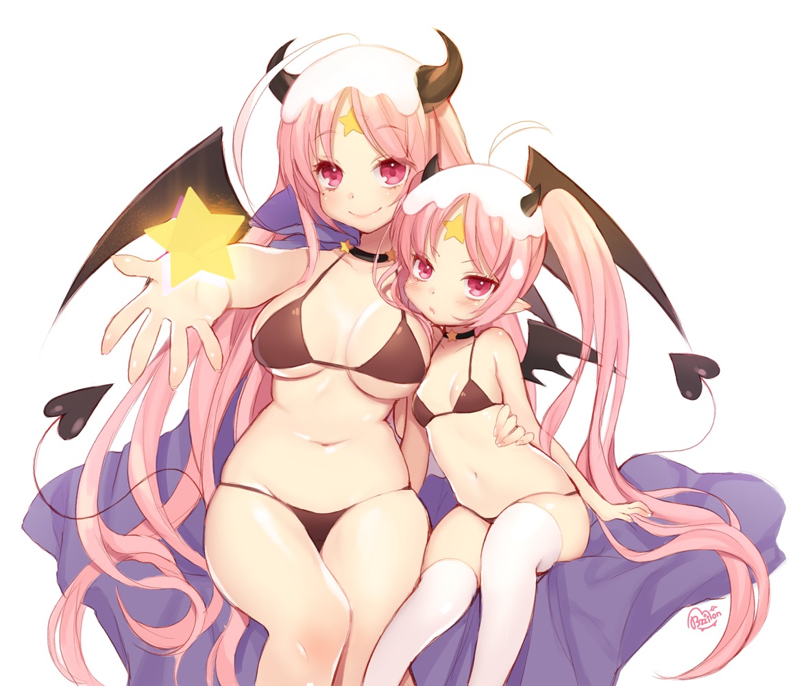 bikini byulzzi cleavage devil horns swimsuits tail thighhighs underboob wings