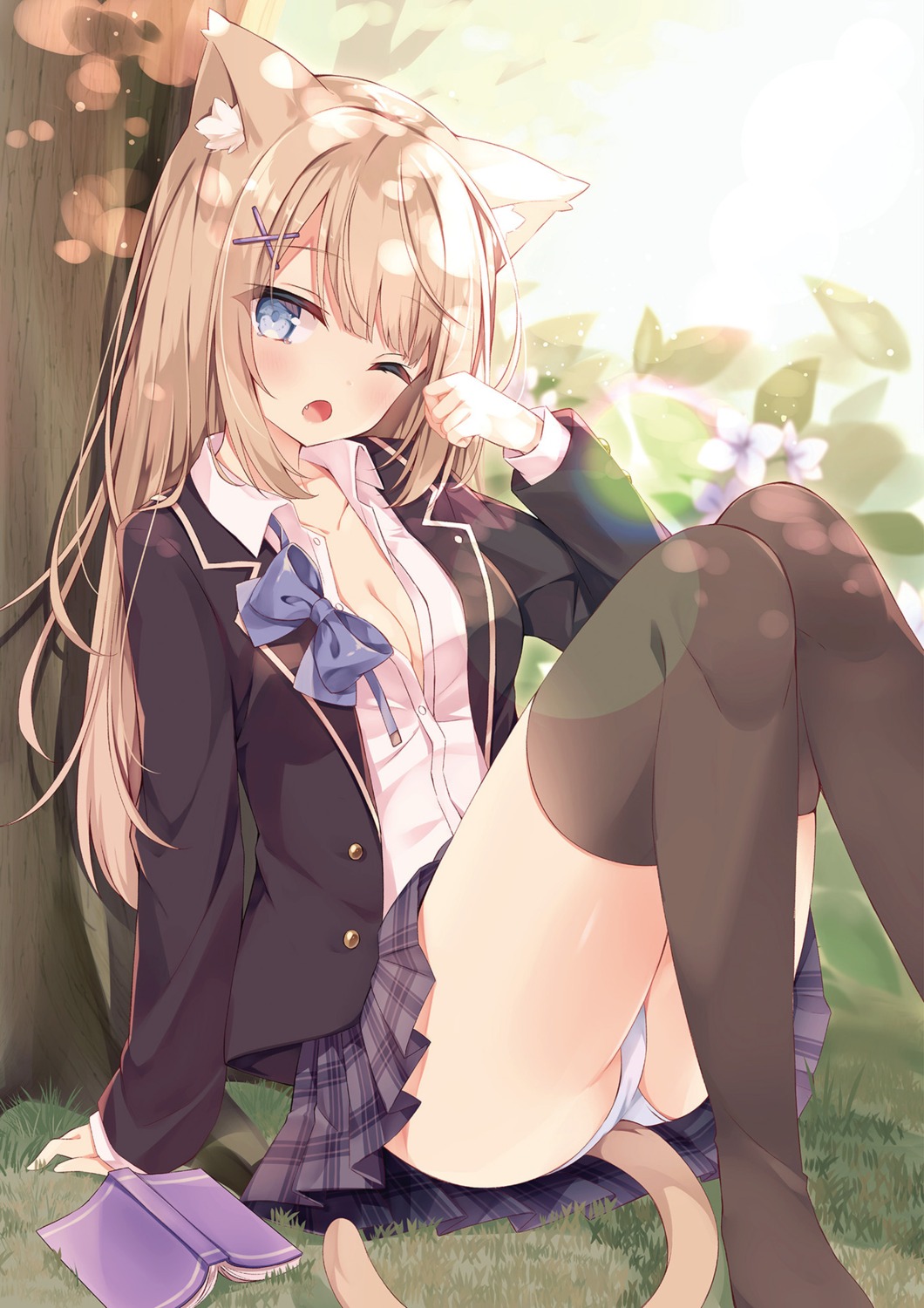 animal_ears cleavage hoshi nekomimi open_shirt pantsu seifuku tail thighhighs