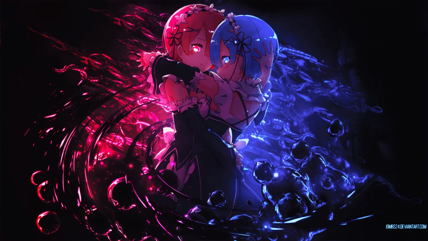 jombs24 maid ram_(re_zero) re_zero_kara_hajimeru_isekai_seikatsu rem_(re_zero) symmetrical_docking wallpaper yuri