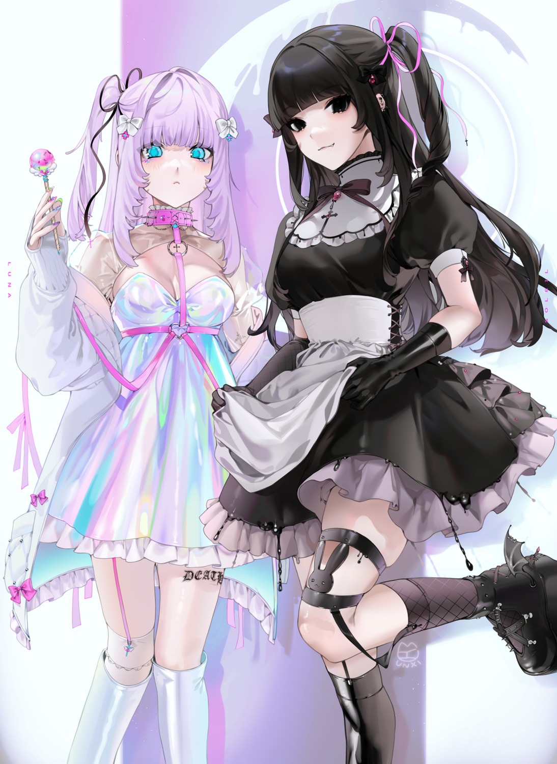 dress fishnets garter heels luna_(unxi) maid no_bra skirt_lift soleil_(unxi) stockings tattoo thighhighs unxi