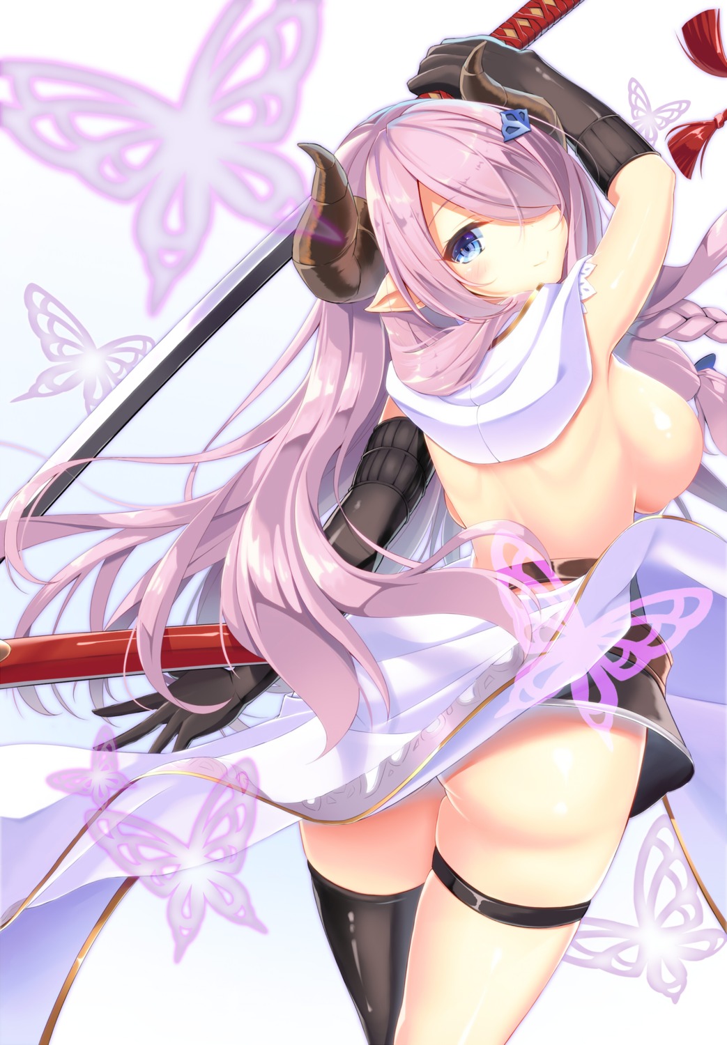 ass breasts garter granblue_fantasy horns mirea narumeia_(granblue_fantasy) no_bra nopan pointy_ears sword thighhighs underboob