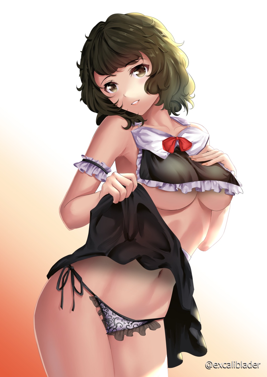 excaliblader kawakami_sadayo no_bra pantsu persona_5 skirt_lift string_panties