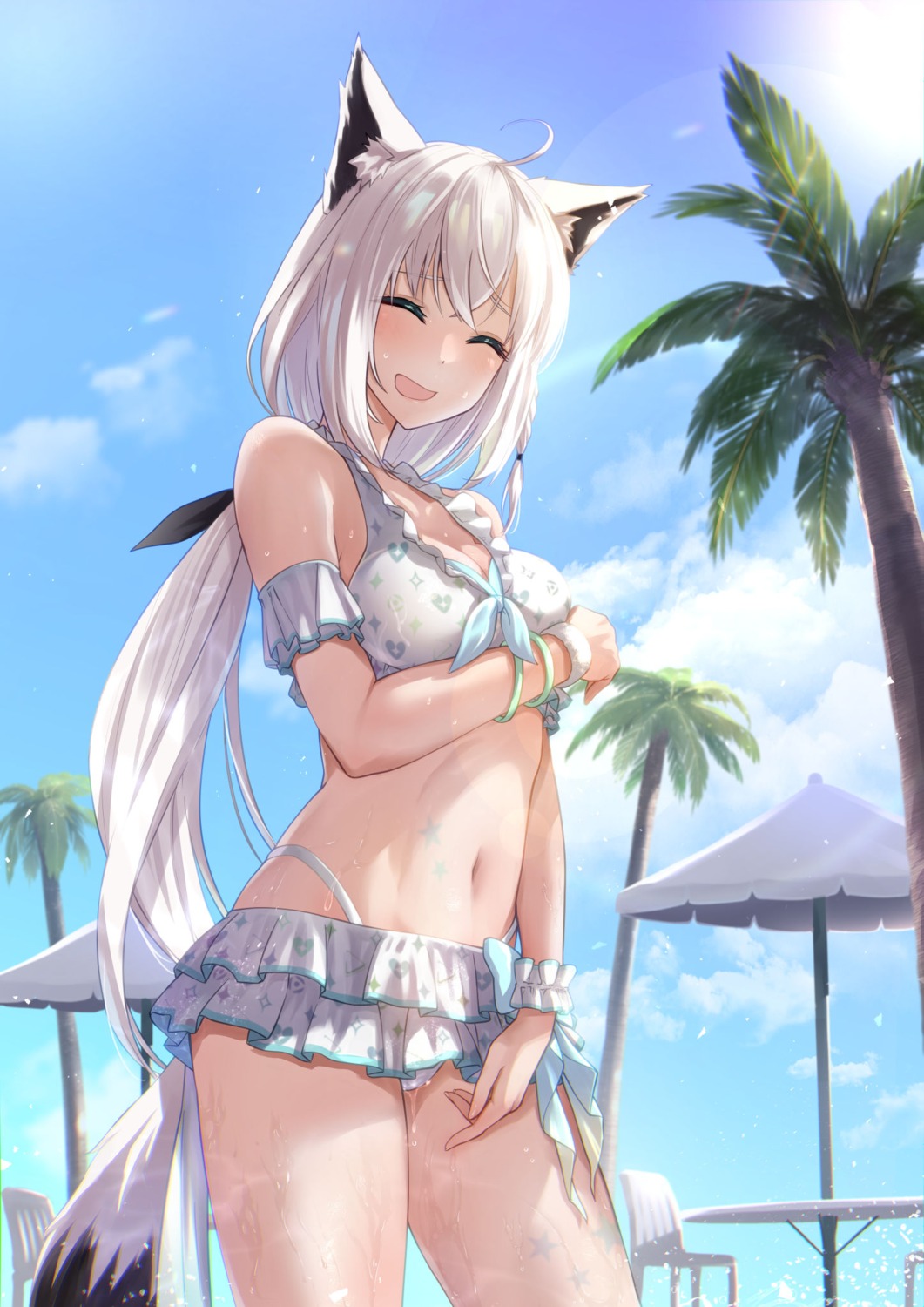 animal_ears bikini hololive hololive_gamers inukai_mofu kitsune shirakami_fubuki swimsuits tail wet