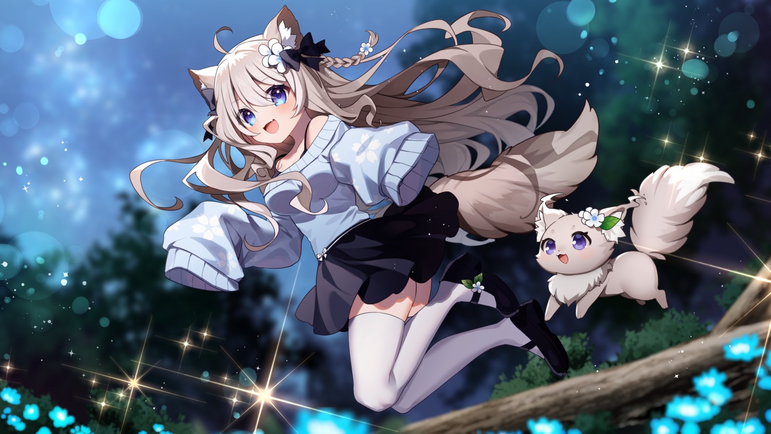 animal_ears hazakura_chikori skirt_lift sweater tail thighhighs wallpaper