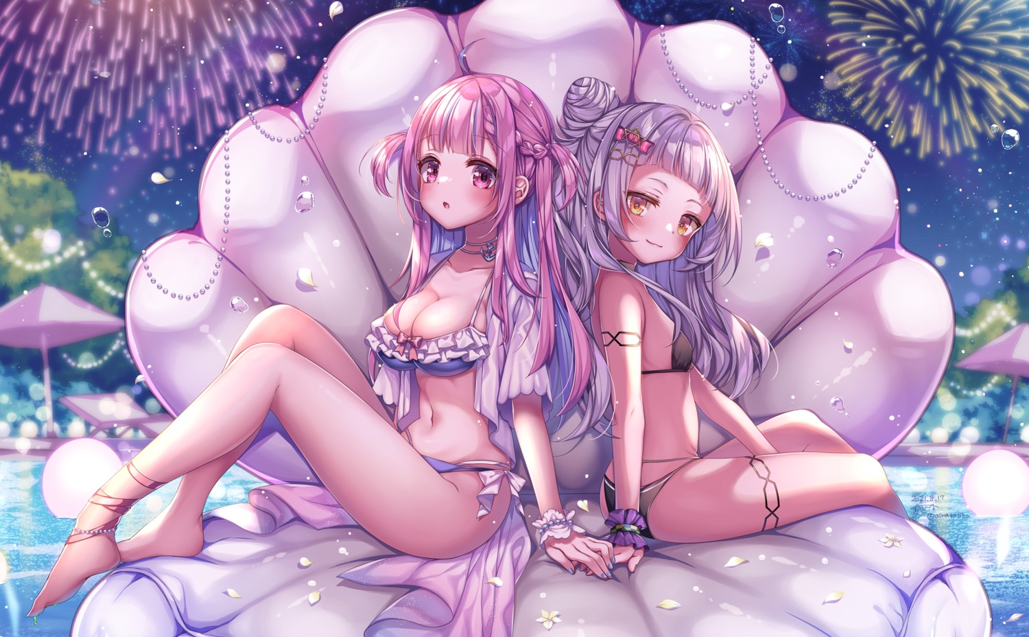 bikini garter hololive kashiba_aira minato_aqua murasaki_shion open_shirt swimsuits