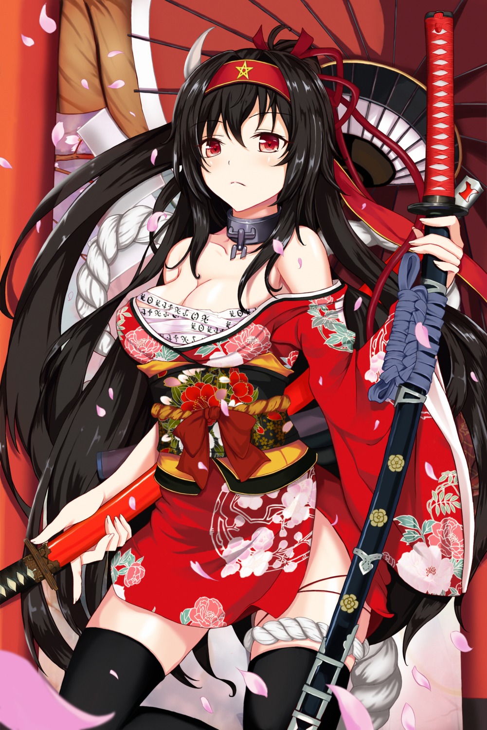 chain_chronicle cleavage horns kimono open_shirt sarashi sword thighhighs tori_(king8162635)