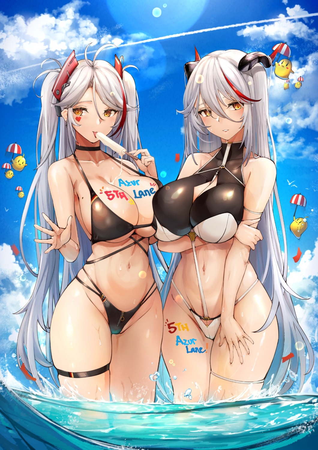 aegir_(azur_lane) azur_lane bikini cameltoe cleavage cream garter manjuu_(azur_lane) prinz_eugen_(azur_lane) swimsuits wet yusha_(m-gata)