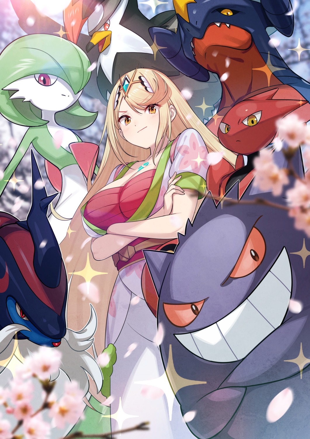 artist_revision cosplay crossover garchomp gardevoir gengar green322 hikari_(xenoblade_2) hisuian_samurott japanese_clothes open_shirt pokemon pokemon_legends_arceus sarashi scizor staraptor xenoblade xenoblade_chronicles_2