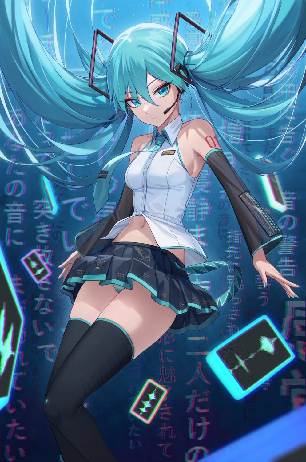 cryturtle hatsune_miku headphones pantsu shimapan skirt_lift tattoo thighhighs vocaloid