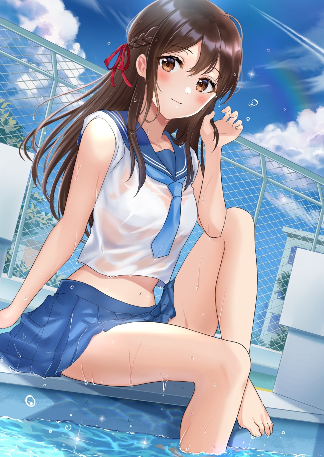 bra niwata0 see_through seifuku skirt_lift wet wet_clothes