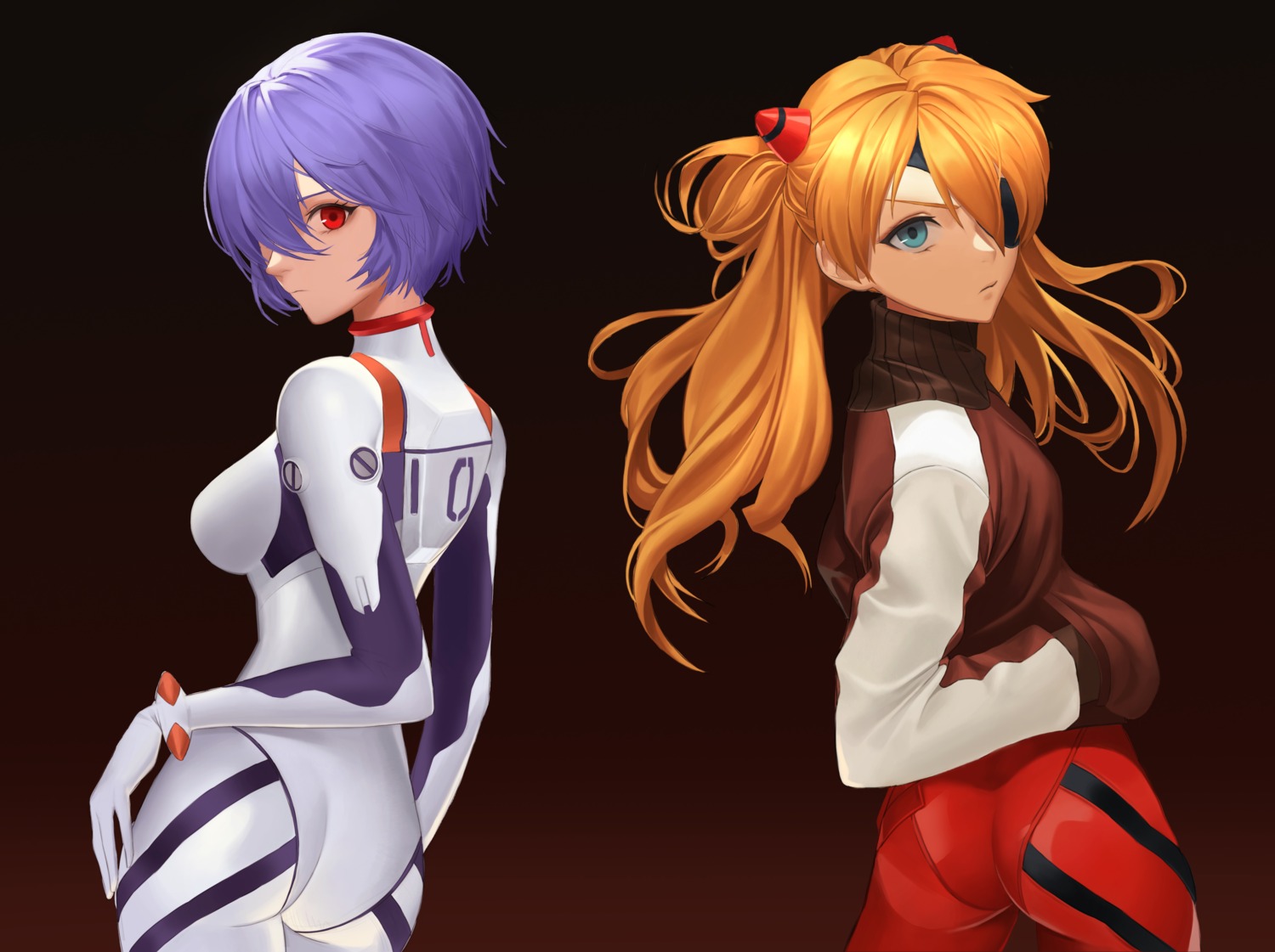 ass ayanami_rei bodysuit eyepatch moon_(yfsp7823) neon_genesis_evangelion souryuu_asuka_langley