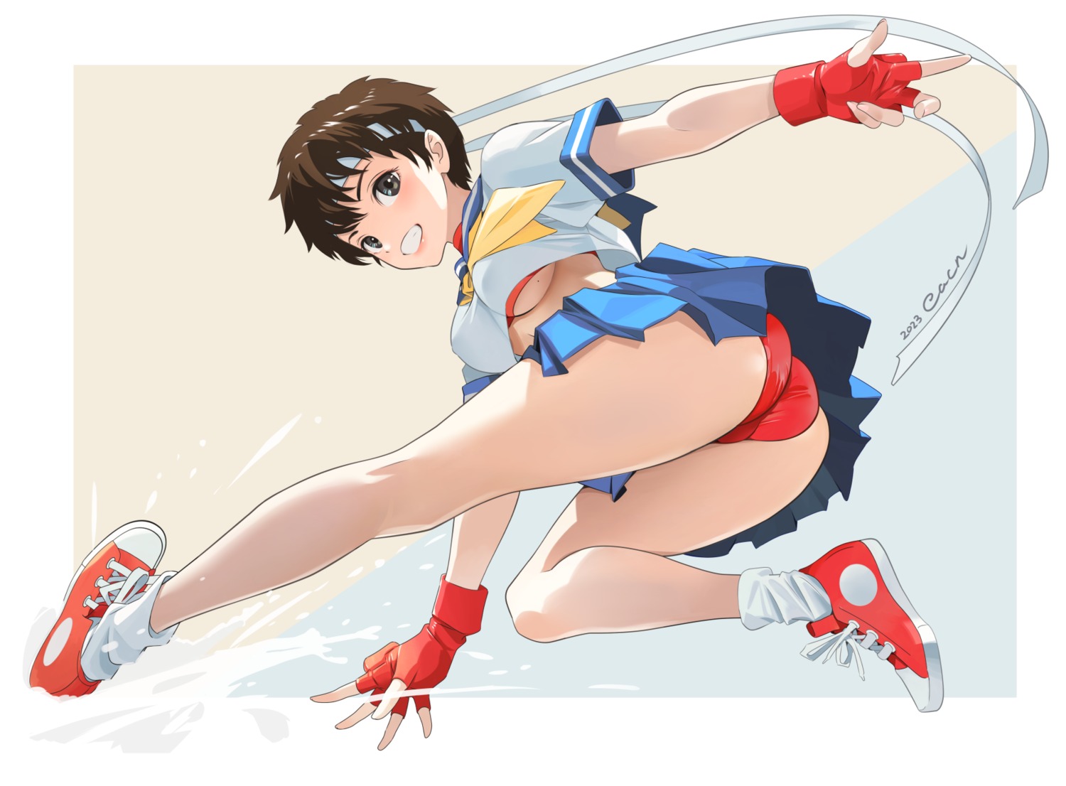 ass bra kasugano_sakura kyakkun pantsu seifuku skirt_lift street_fighter thong underboob