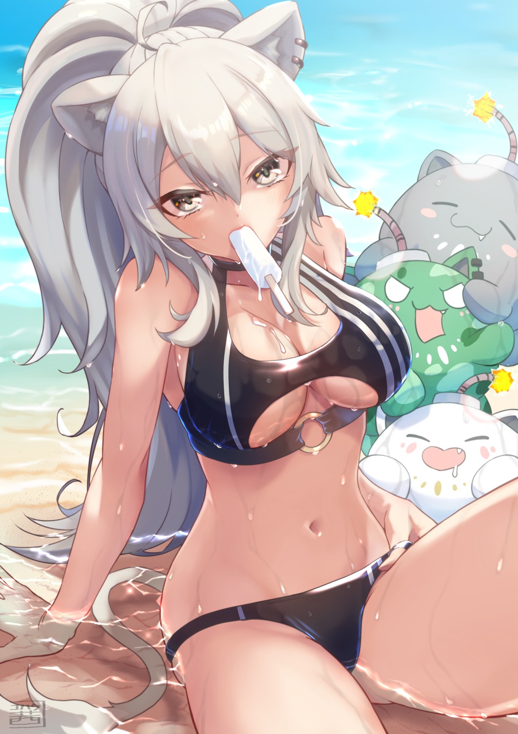 animal_ears bikini cream hololive nemu_iine shishiro_botan swimsuits tail wet