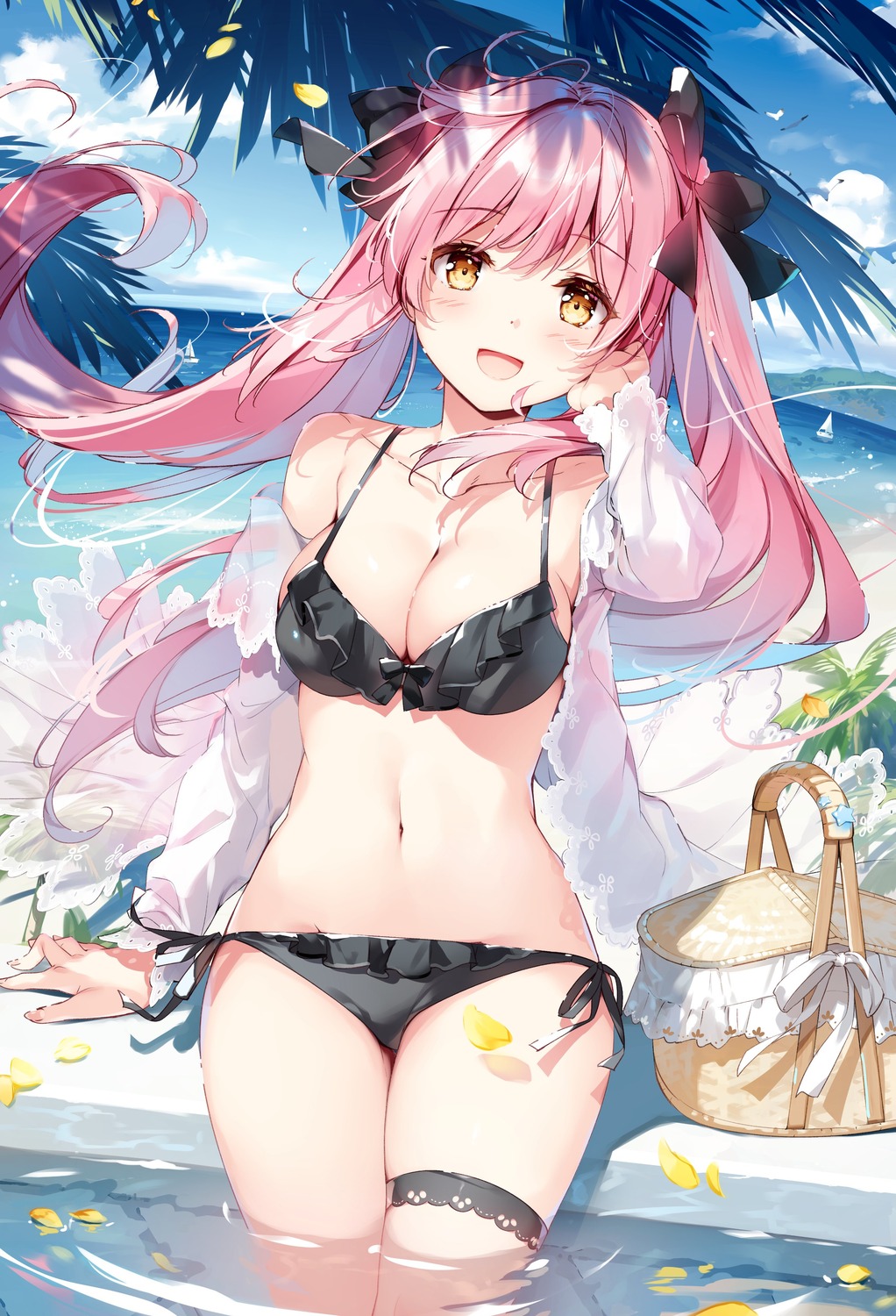 bikini emori_miku_project garter miyase_mahiro open_shirt see_through shion_kirano swimsuits wet