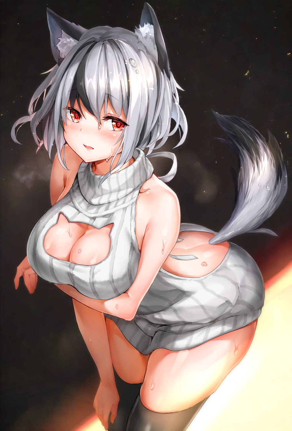 animal_ears breast_hold cleavage maeshimashi no_bra nopan sweater tail