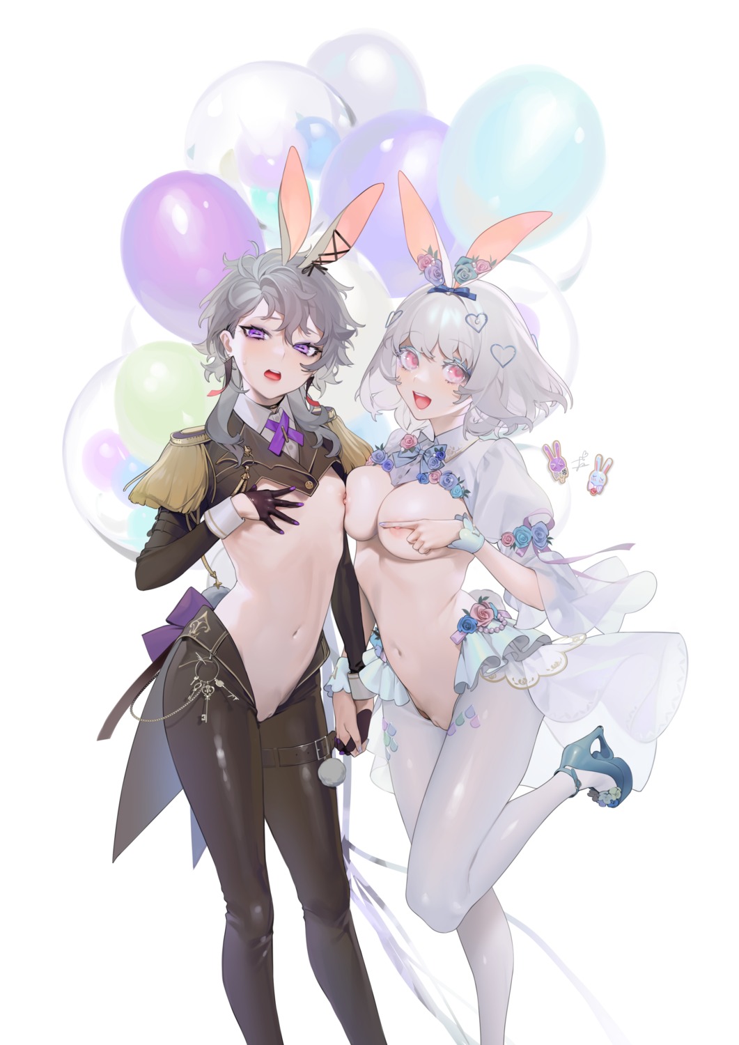 animal_ears breast_hold breasts bunny_ears bunny_girl garter heels nipples no_bra nopan ohisashiburi pantyhose pussy tail