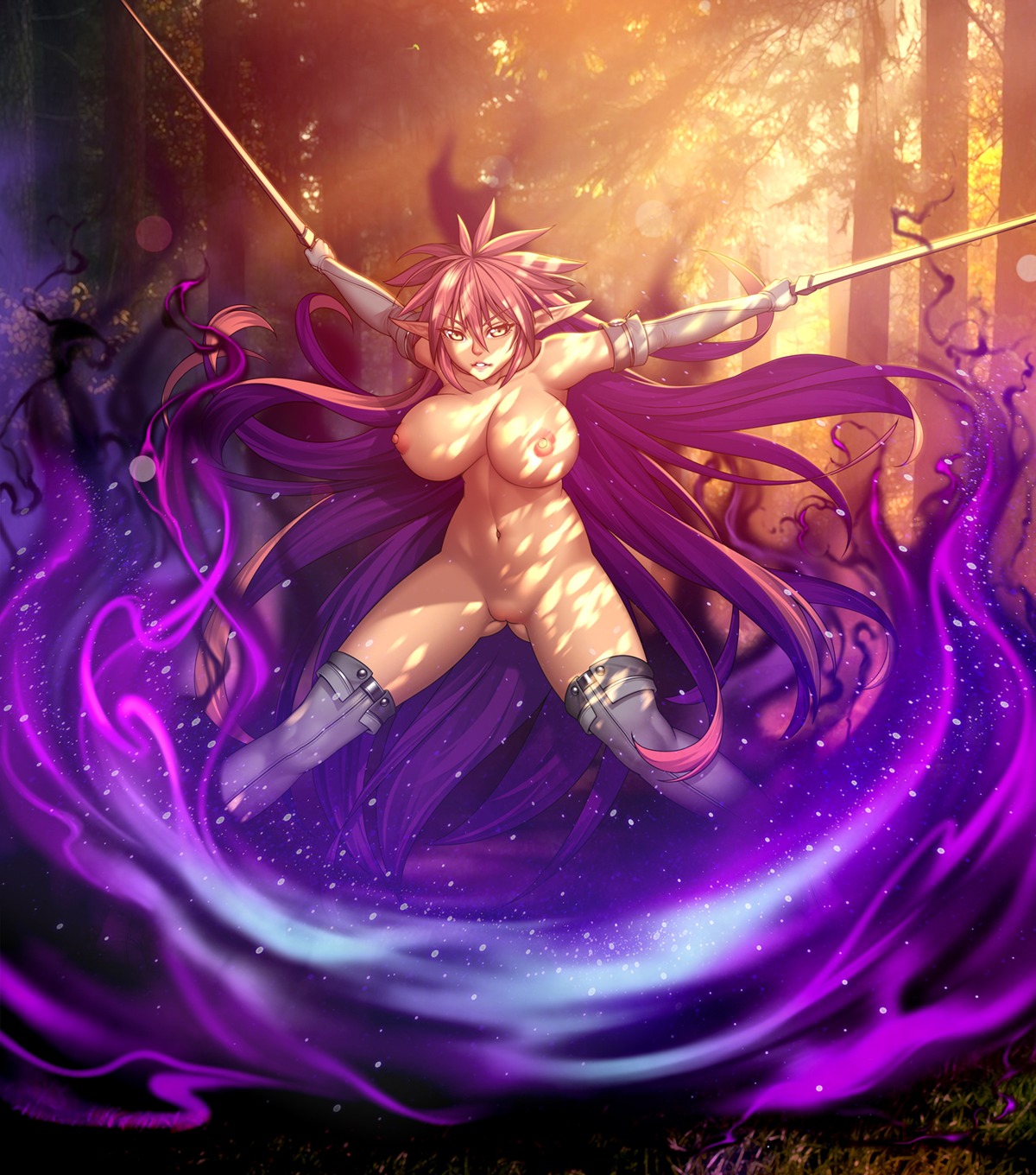 armor lucknight naked nipples pointy_ears pussy sword thighhighs
