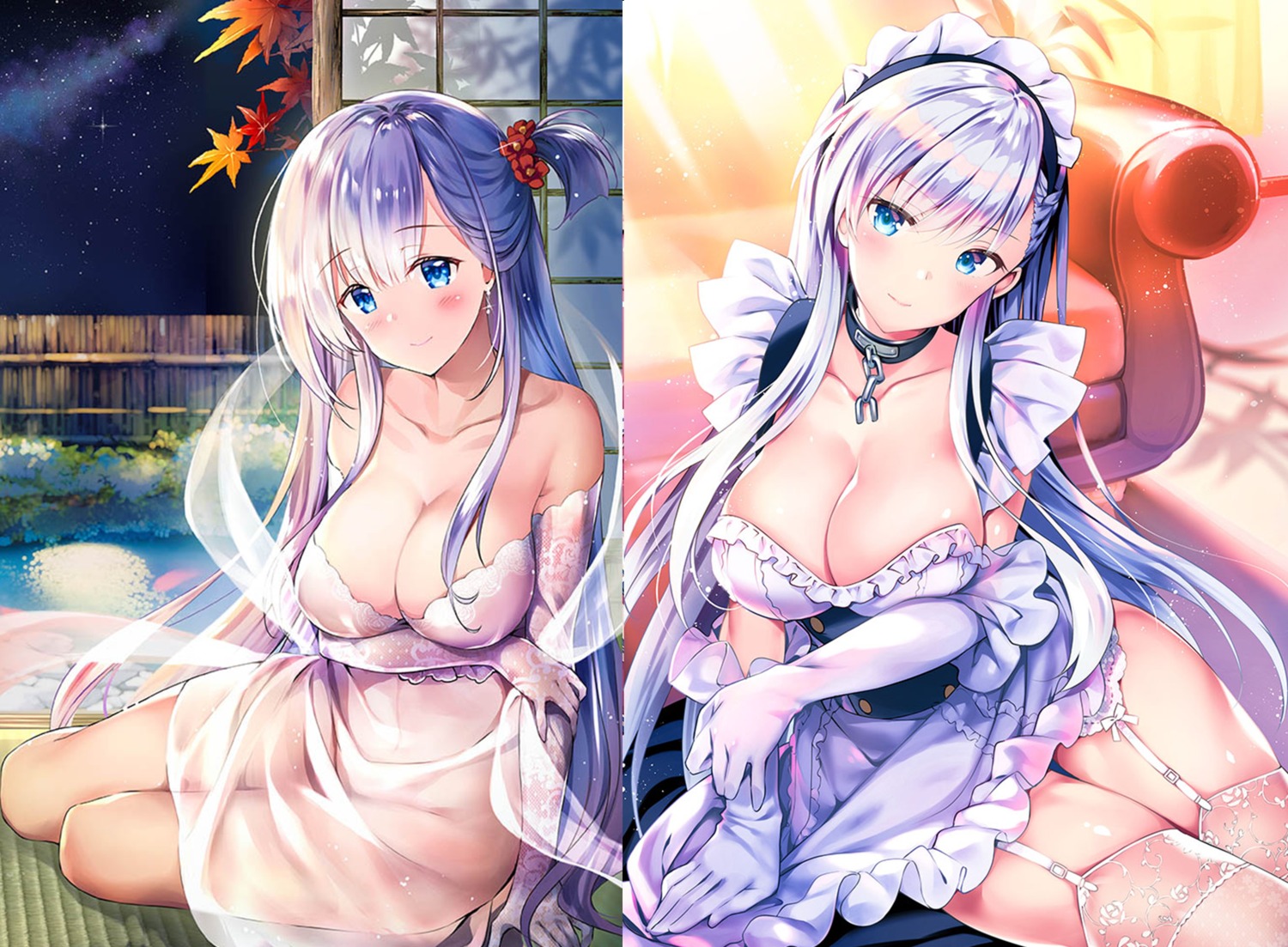 azur_lane belfast_(azur_lane) dress maid no_bra nopan rei see_through shoukaku_(azur_lane) skirt_lift stockings thighhighs