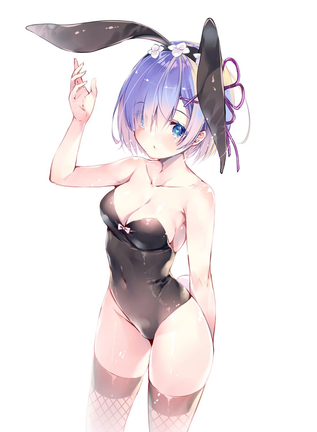 animal_ears bunny_ears bunny_girl cleavage fishnets miwabe_sakura re_zero_kara_hajimeru_isekai_seikatsu rem_(re_zero) tail thighhighs