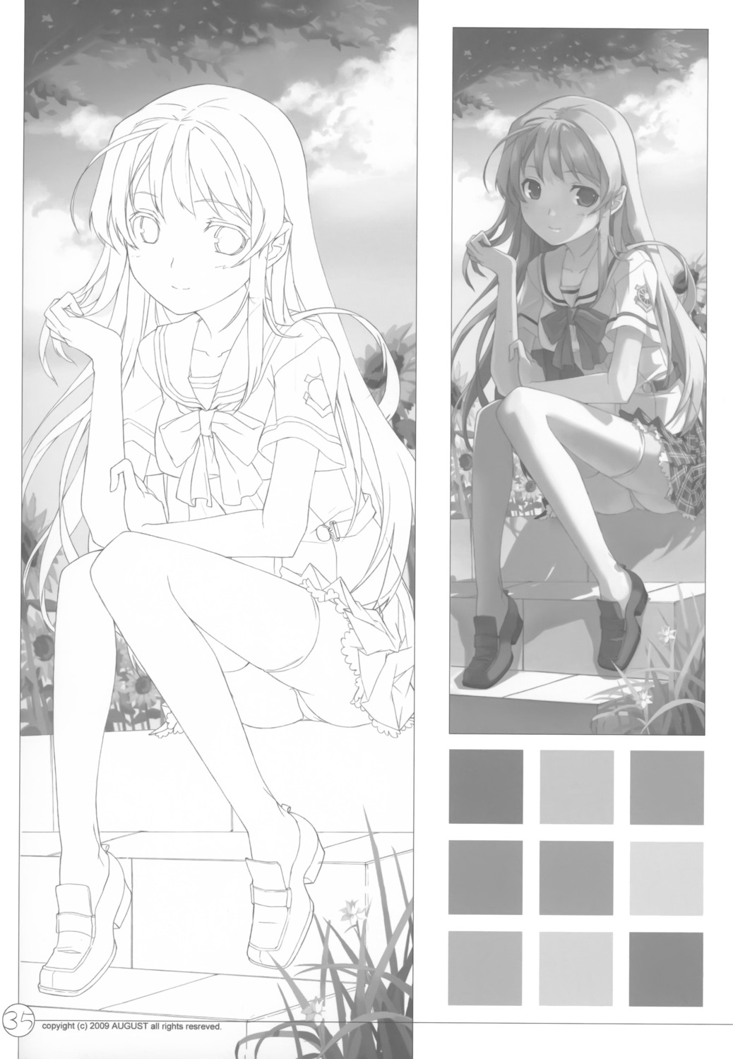 feena_fam_earthlight h2so4 island_of_horizon monochrome pantsu seifuku thighhighs yoake_mae_yori_ruriiro_na