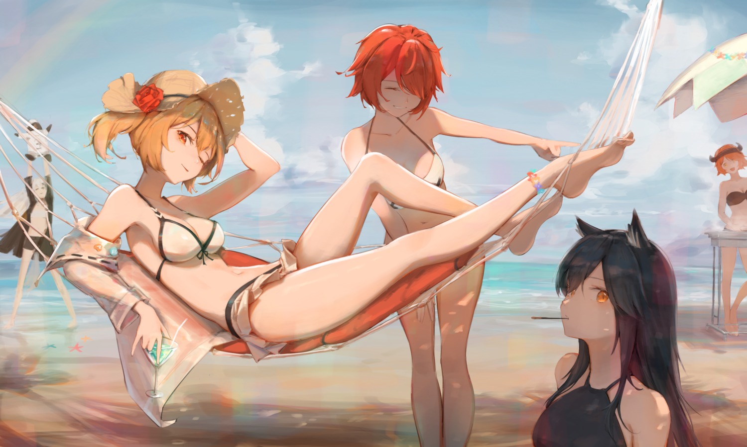 animal_ears arknights bikini cleavage croissant_(arknights) exusiai_(arknights) eyyy lappland_(arknights) open_shirt sora_(arknights) swimsuits texas_(arknights)