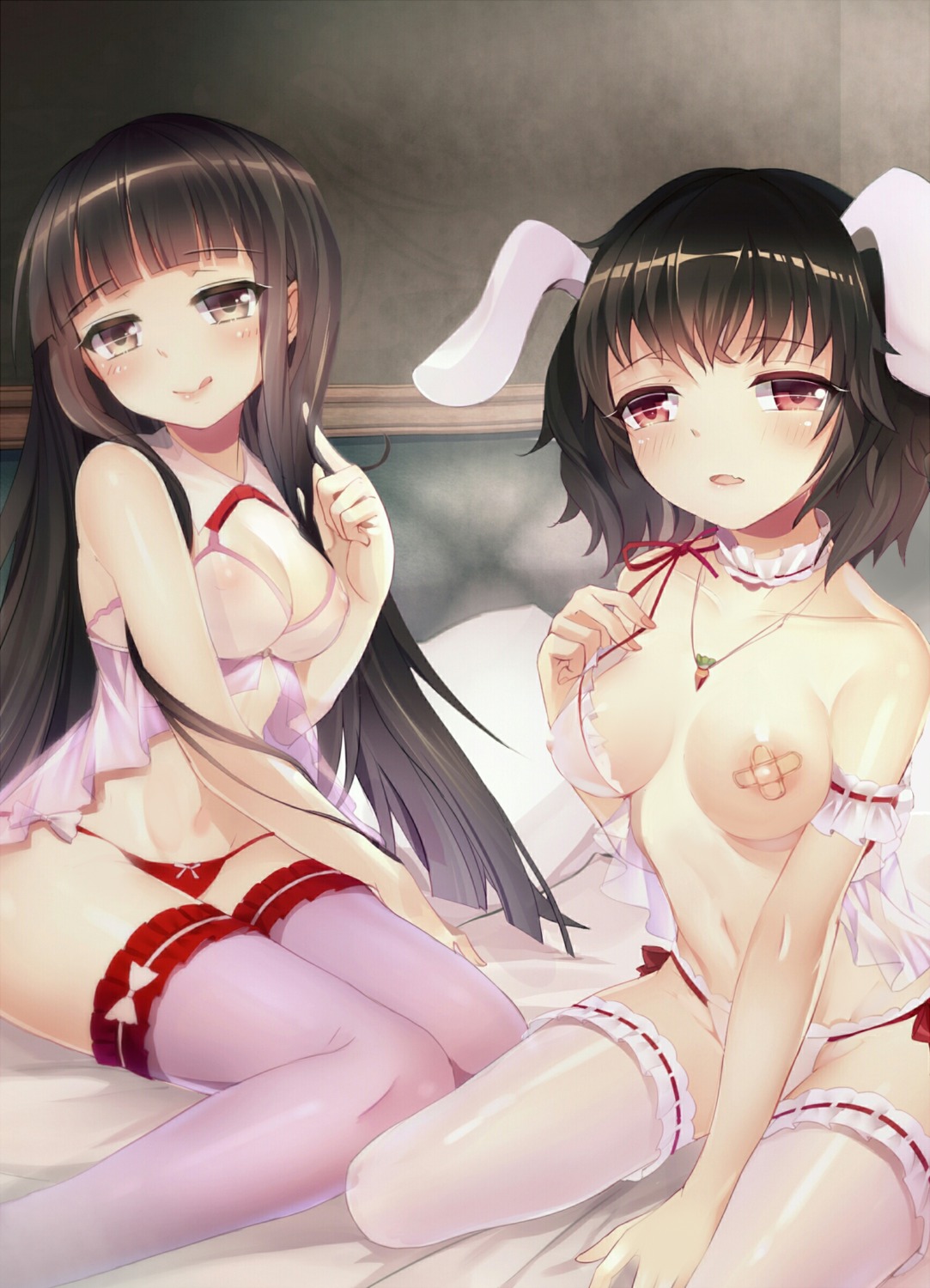 animal_ears areola bandaid breasts bunny_ears erect_nipples houraisan_kaguya inaba_tewi lingerie nipples pantsu pasties see_through shirajira_(artist) thighhighs touhou