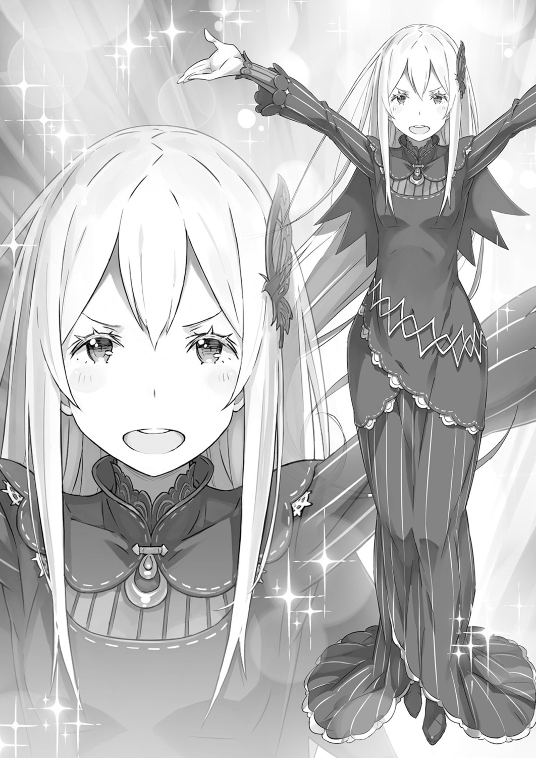 dress echidna_(re_zero) monochrome ootsuka_shinichirou re_zero_kara_hajimeru_isekai_seikatsu