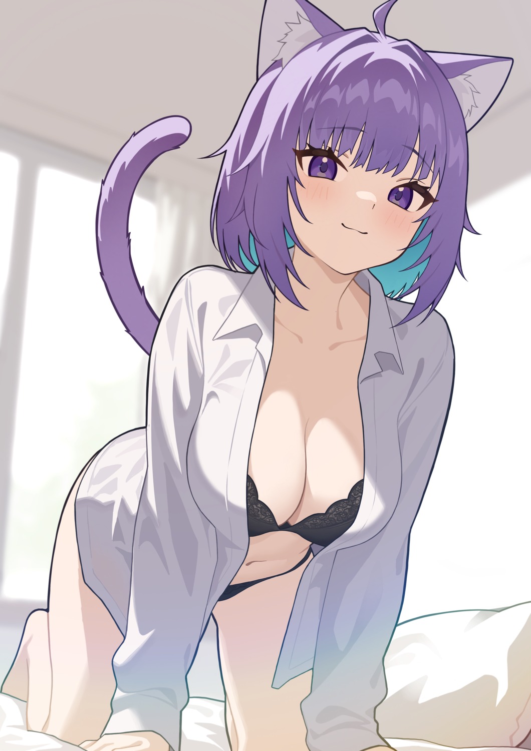 animal_ears bra hololive hololive_gamers nekomata_okayu nekomimi new_sankin_nyu open_shirt pantsu tail