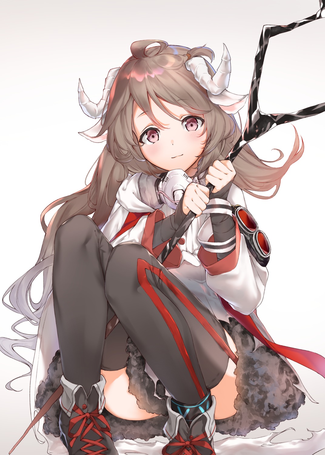 animal_ears arknights eyjafjalla_(arknights) horns kimidori3_karla skirt_lift stockings thighhighs weapon