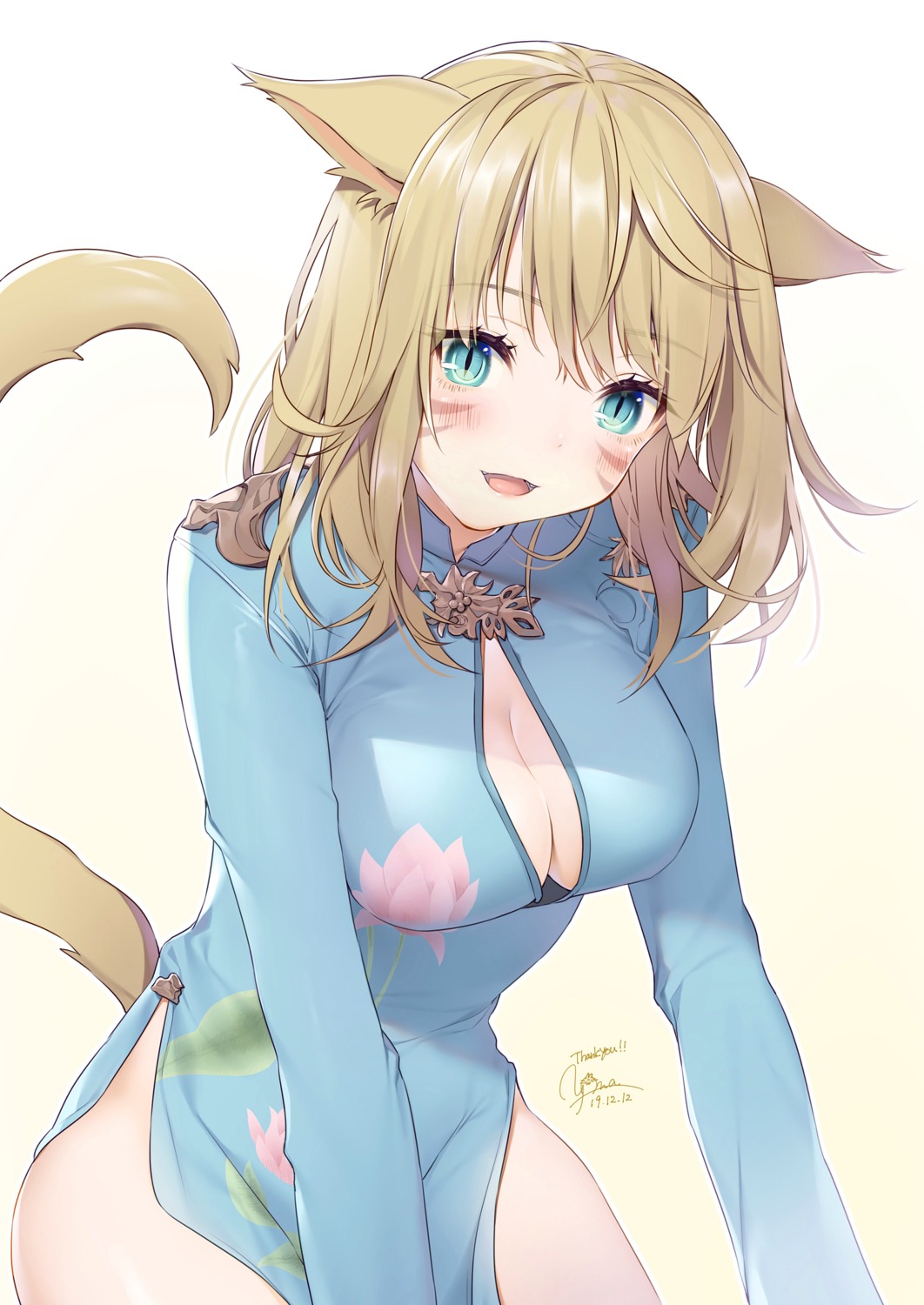 animal_ears chinadress cleavage final_fantasy final_fantasy_xiv miqo'te no_bra open_shirt tail yana_mori