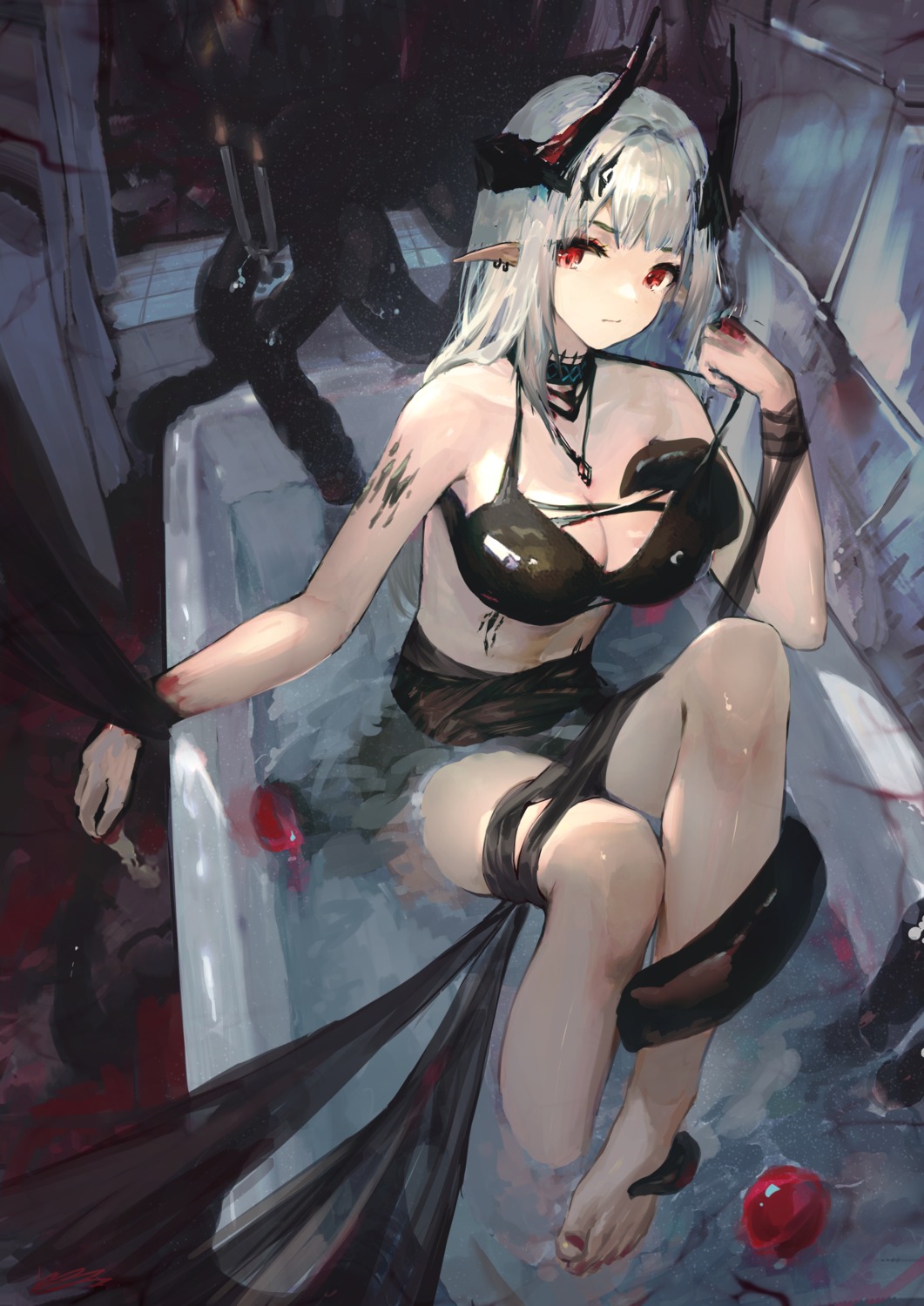 arknights bikini_top blood bondage feet horns kioroshin mudrock_(arknights) pointy_ears swimsuits tentacles undressing wet