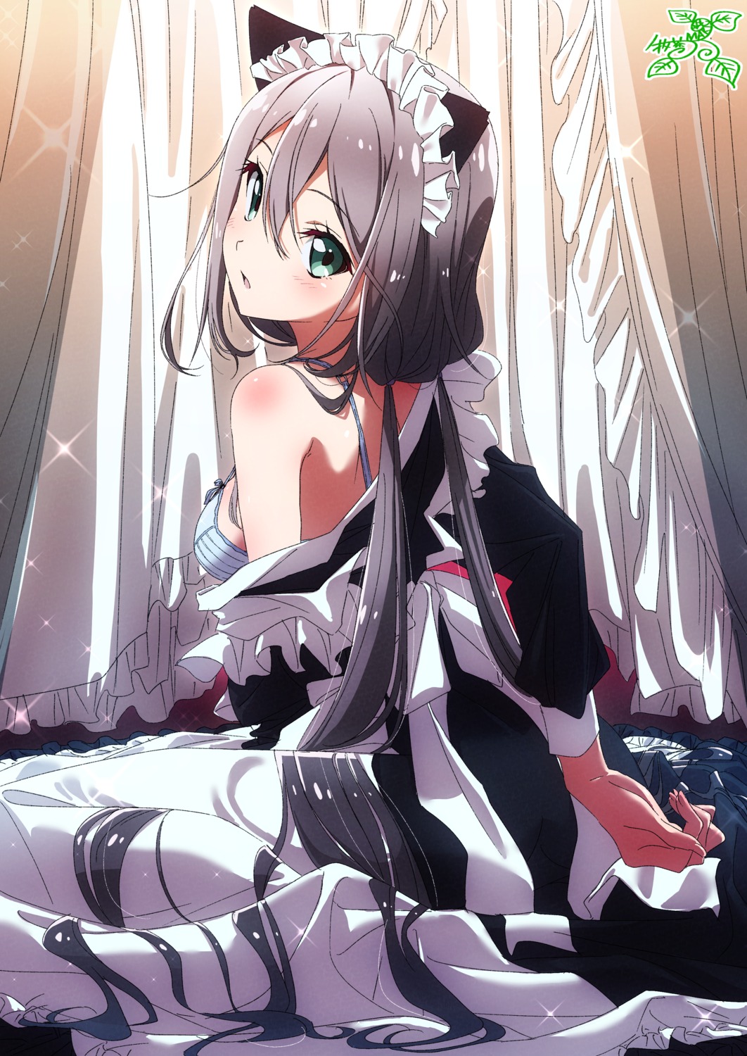 animal_ears bra maid makicha nekomimi open_shirt wardrobe_malfunction