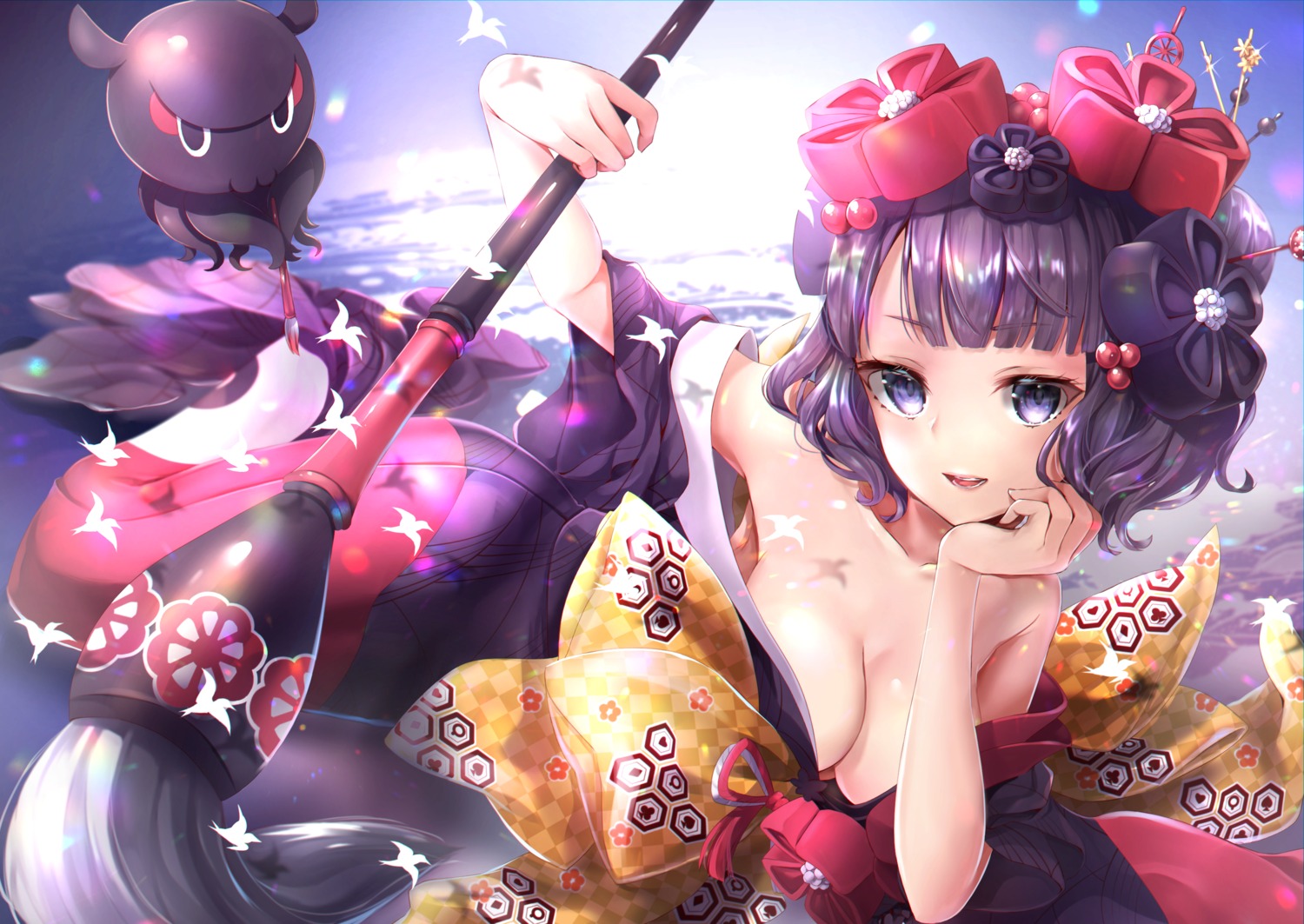 cleavage fate/grand_order hane_yuki katsushika_hokusai_(fate) kimono no_bra open_shirt