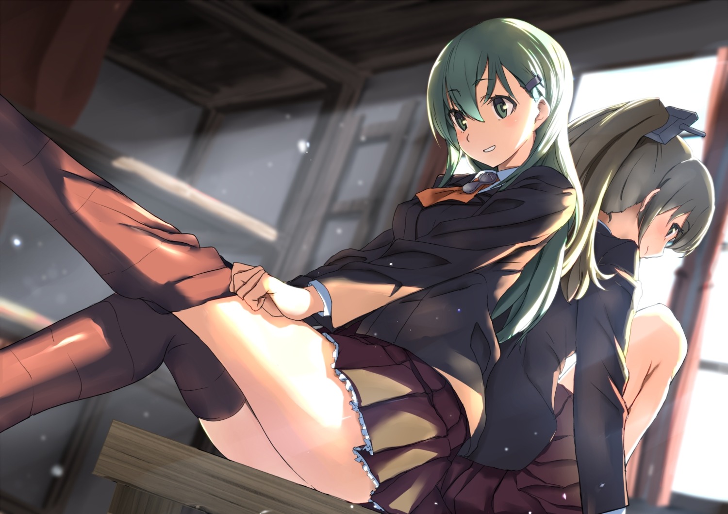 kantai_collection kumano_(kancolle) seifuku suzuya_(kancolle) thighhighs tsuuhan