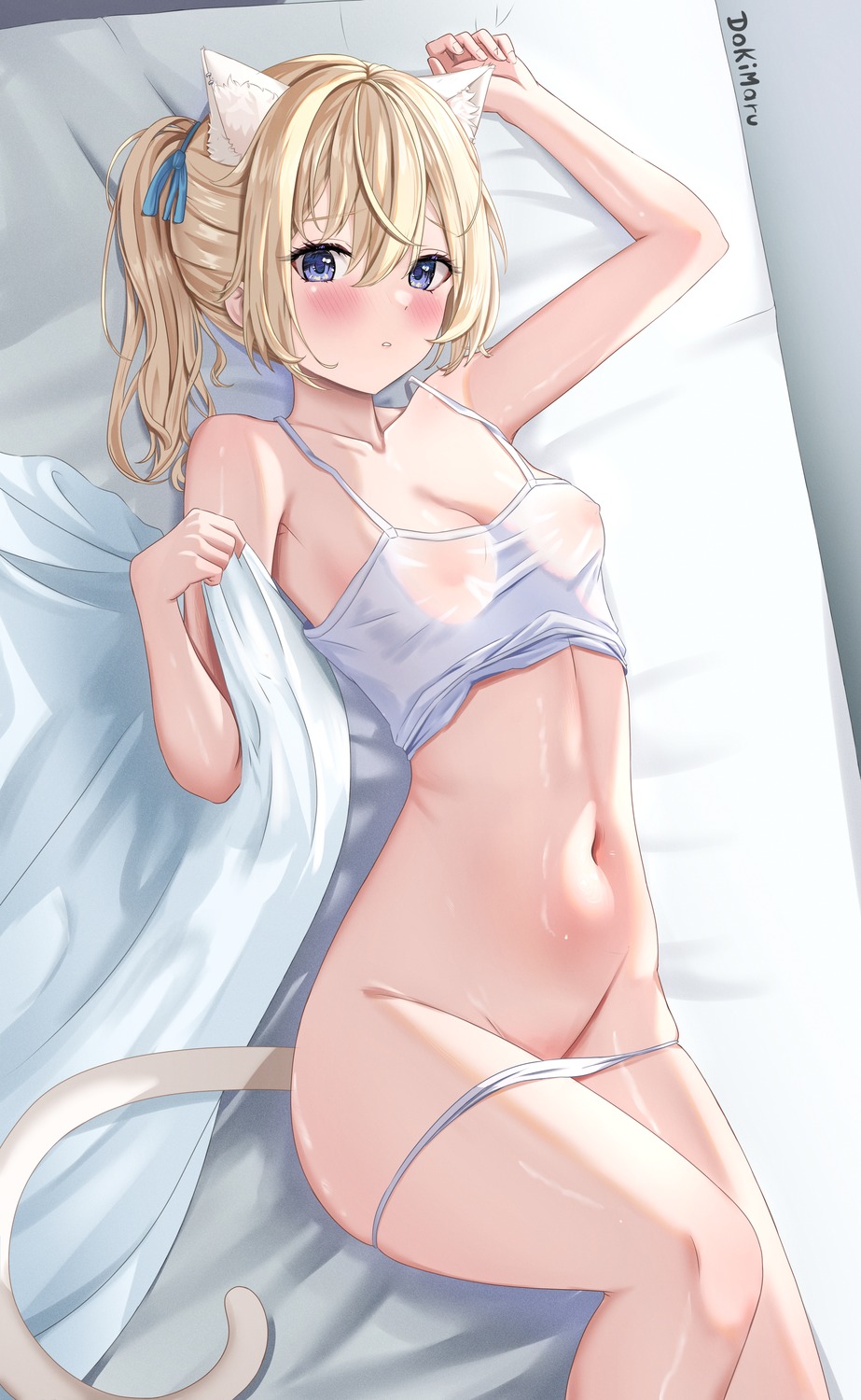 animal_ears dokimaru erect_nipples nekomimi no_bra pantsu panty_pull see_through tail