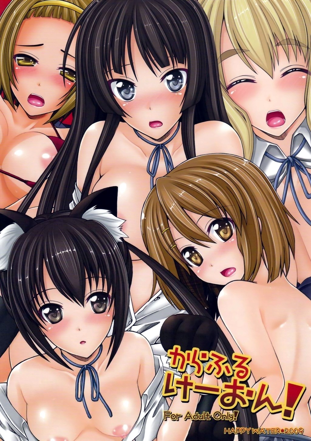 akiyama_mio breasts happy_water hirasawa_yui k-on! kizaki_yuuri kotobuki_tsumugi nakano_azusa nipples no_bra open_shirt tainaka_ritsu