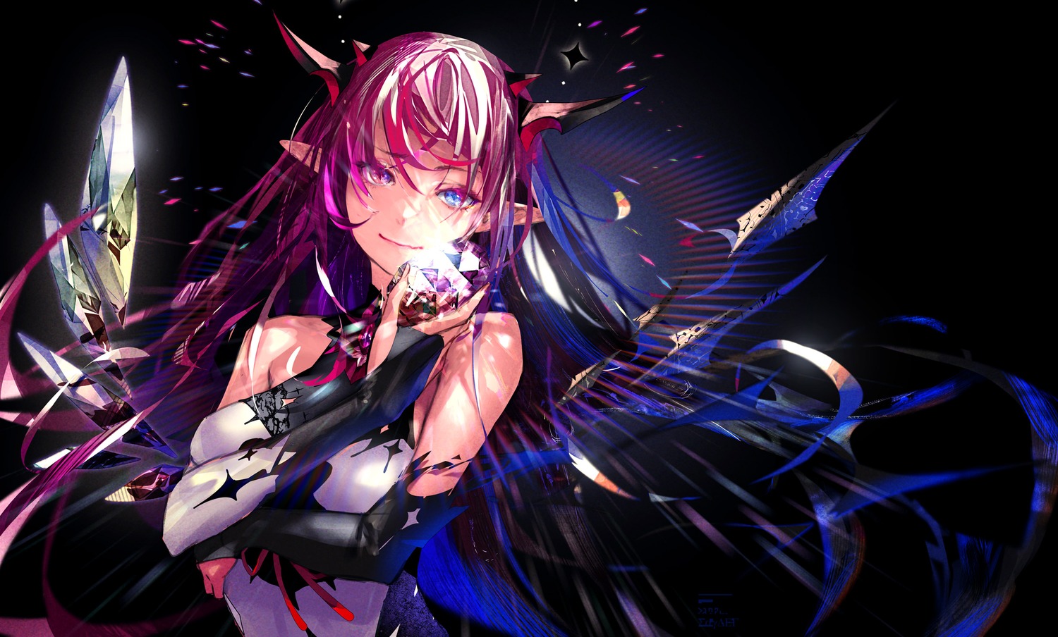 heterochromia hololive hololive_english horns irys_(hololive) pointy_ears redjuice wings