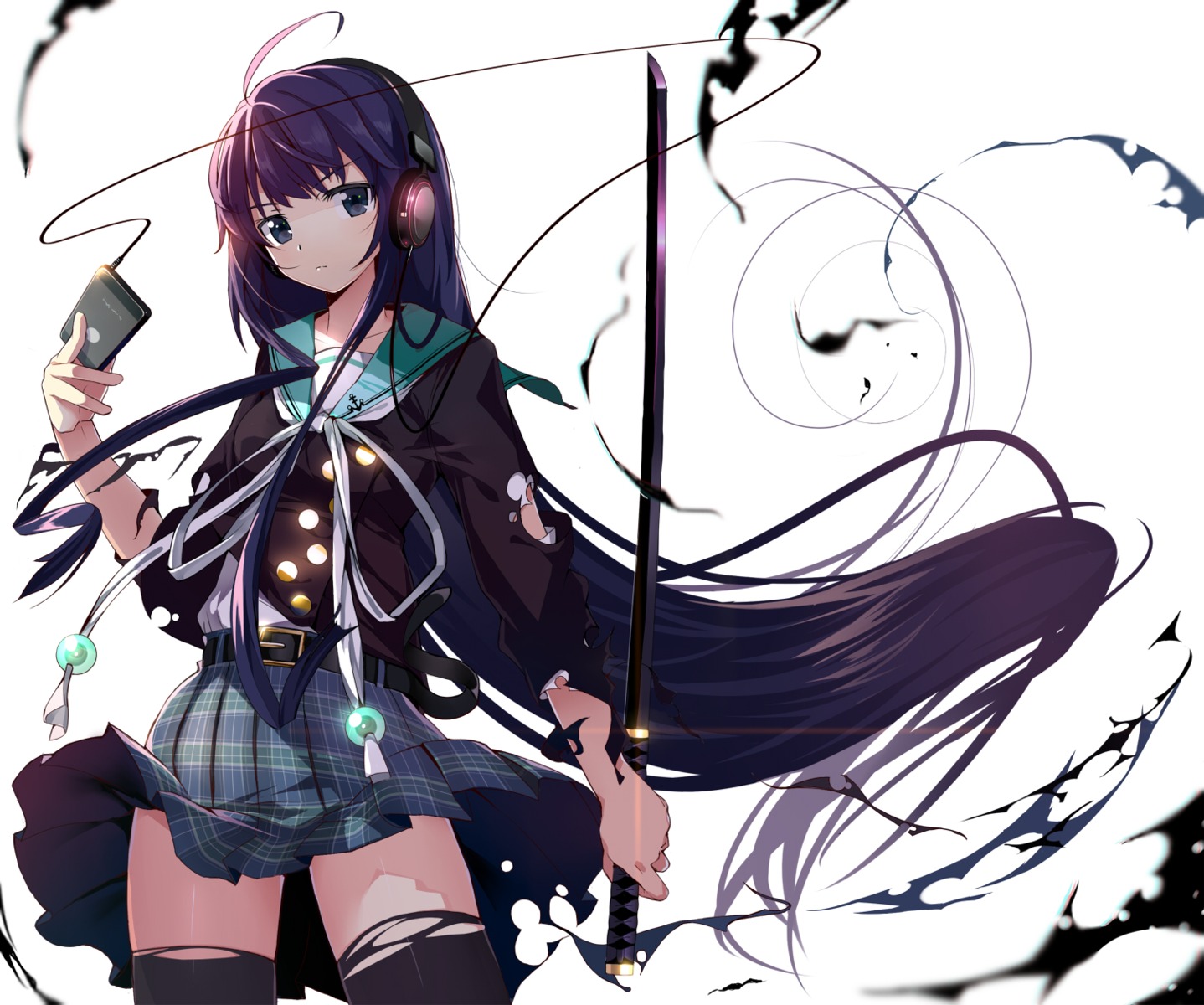 headphones machimura_komori seifuku sword thighhighs torn_clothes