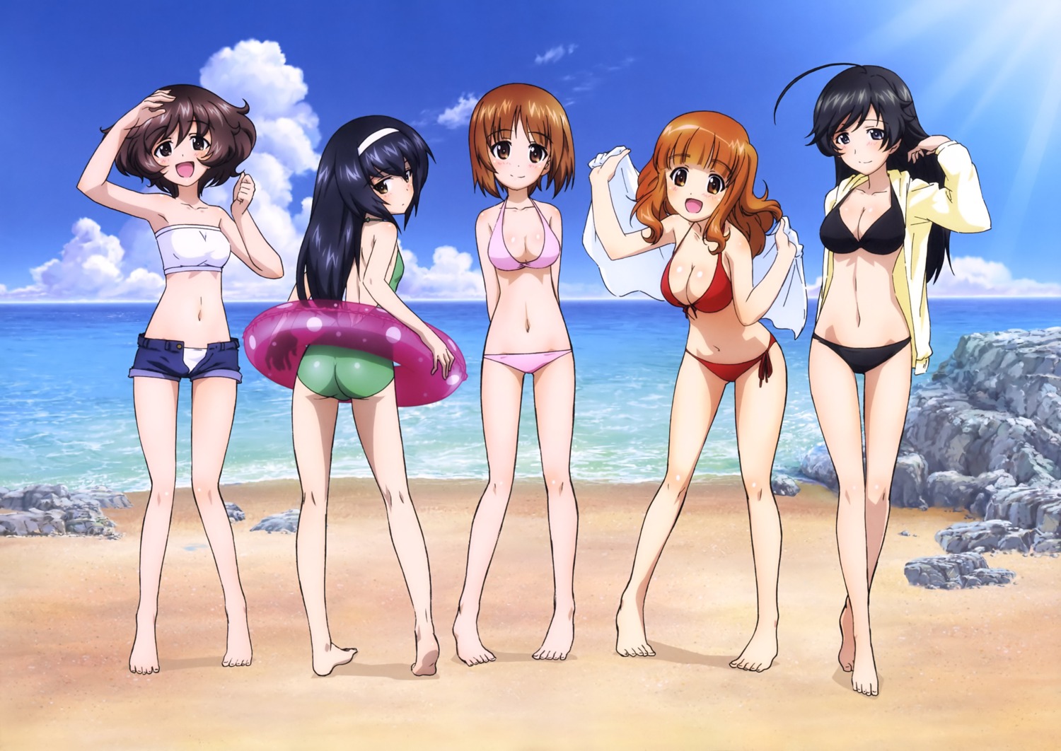 akiyama_yukari ass bikini cleavage feet girls_und_panzer isuzu_hana nishizumi_miho open_shirt reizei_mako swimsuits takebe_saori