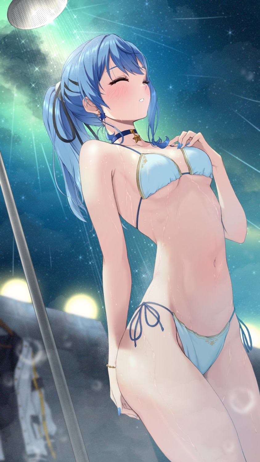 bikini bowsan breast_hold hololive hoshimachi_suisei swimsuits wet