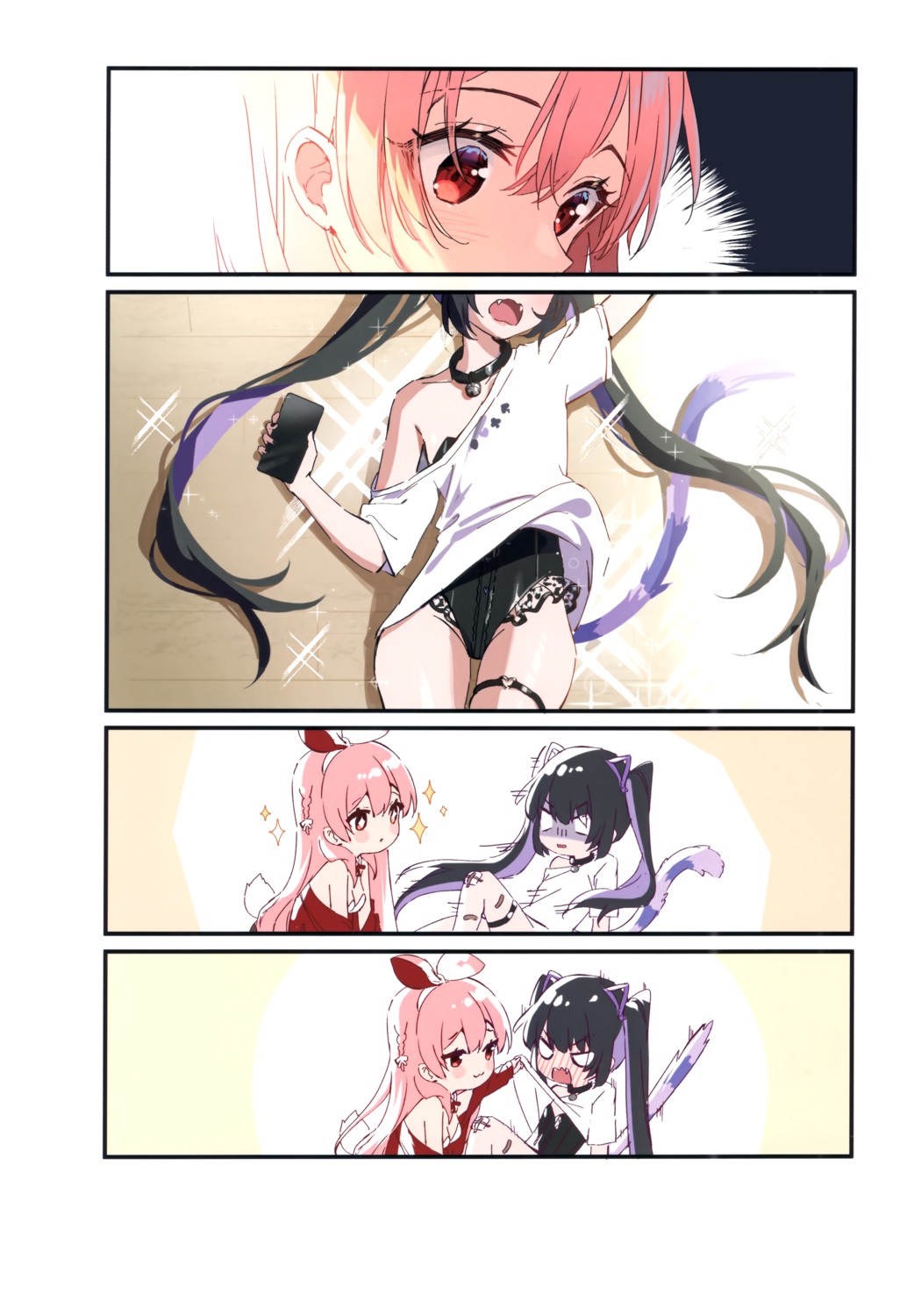 4koma animal_ears atelier_live bandaid bunny_ears bunny_girl chibi garter leotard nekomimi no_bra rosuuri rosuuri_(circle) rosuuri_(vtuber) shirt_lift sweater tail undressing