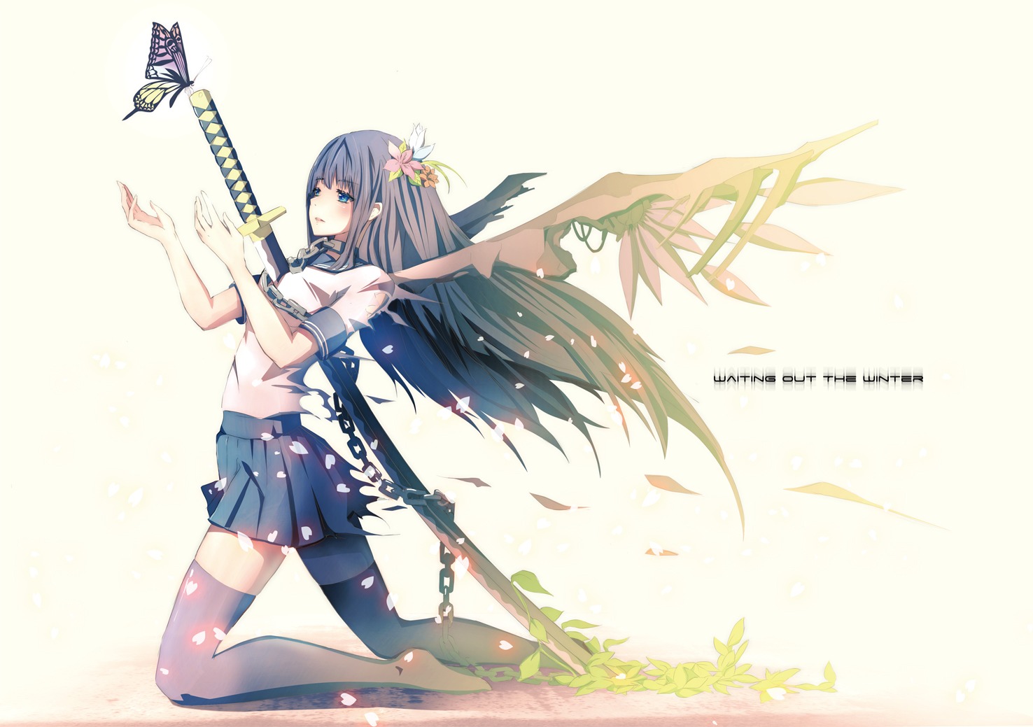 meron_to_maria seifuku stockings sword thighhighs torn_clothes wings