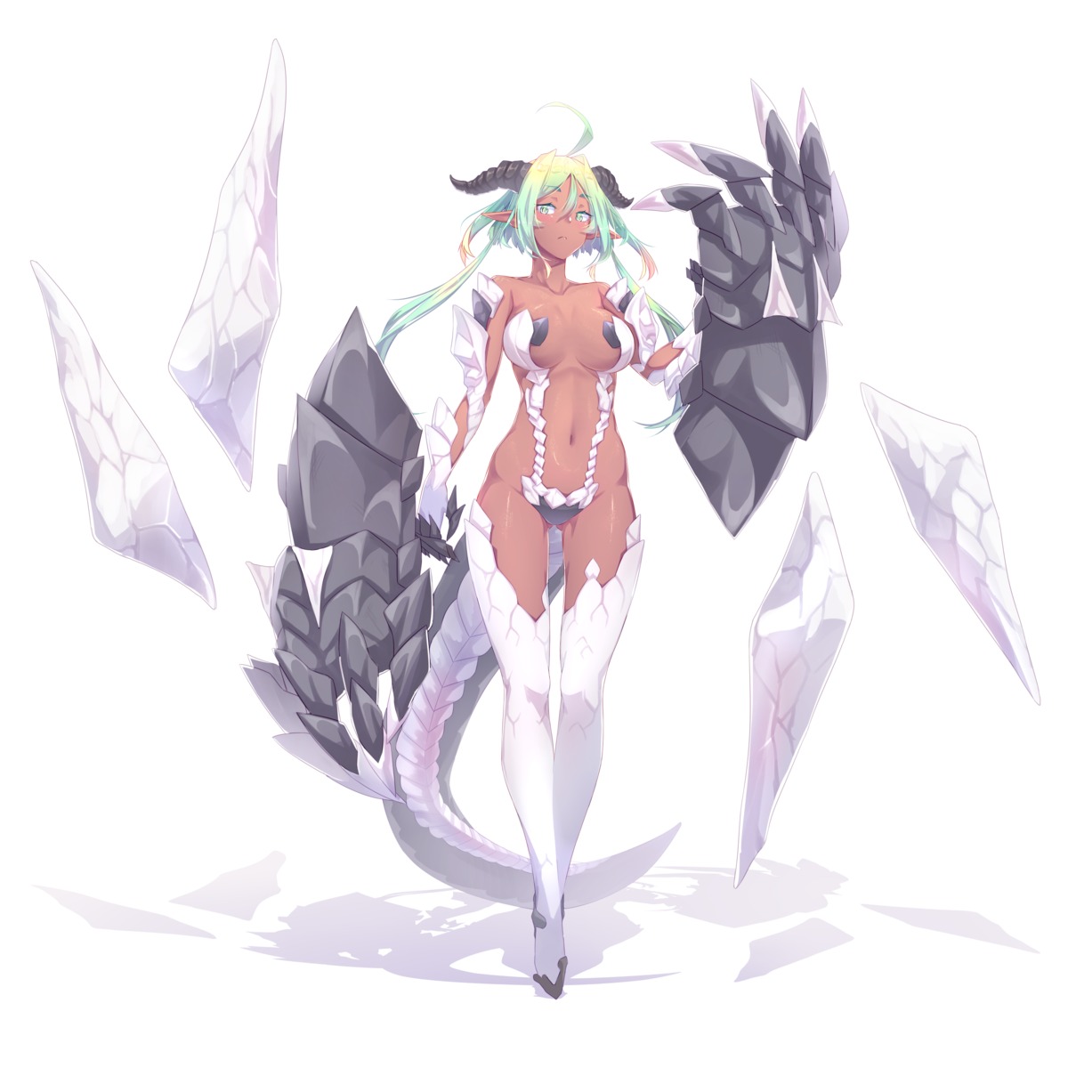 bikini_armor dev horns monster_girl pointy_ears tail thighhighs