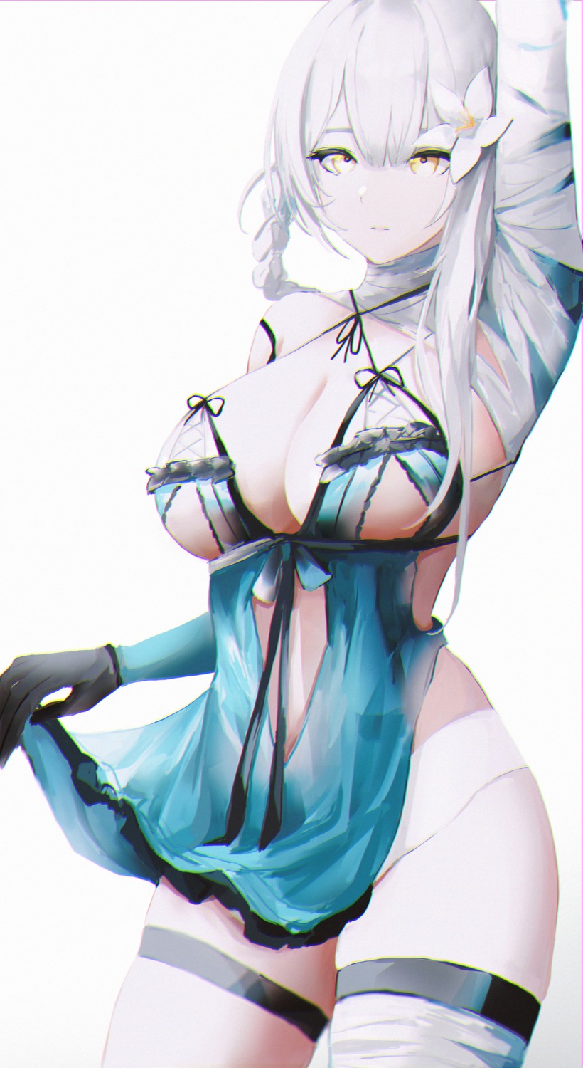 bandages dress garter kaine_(nier) lielac nier nier_replicant no_bra pantsu see_through skirt_lift